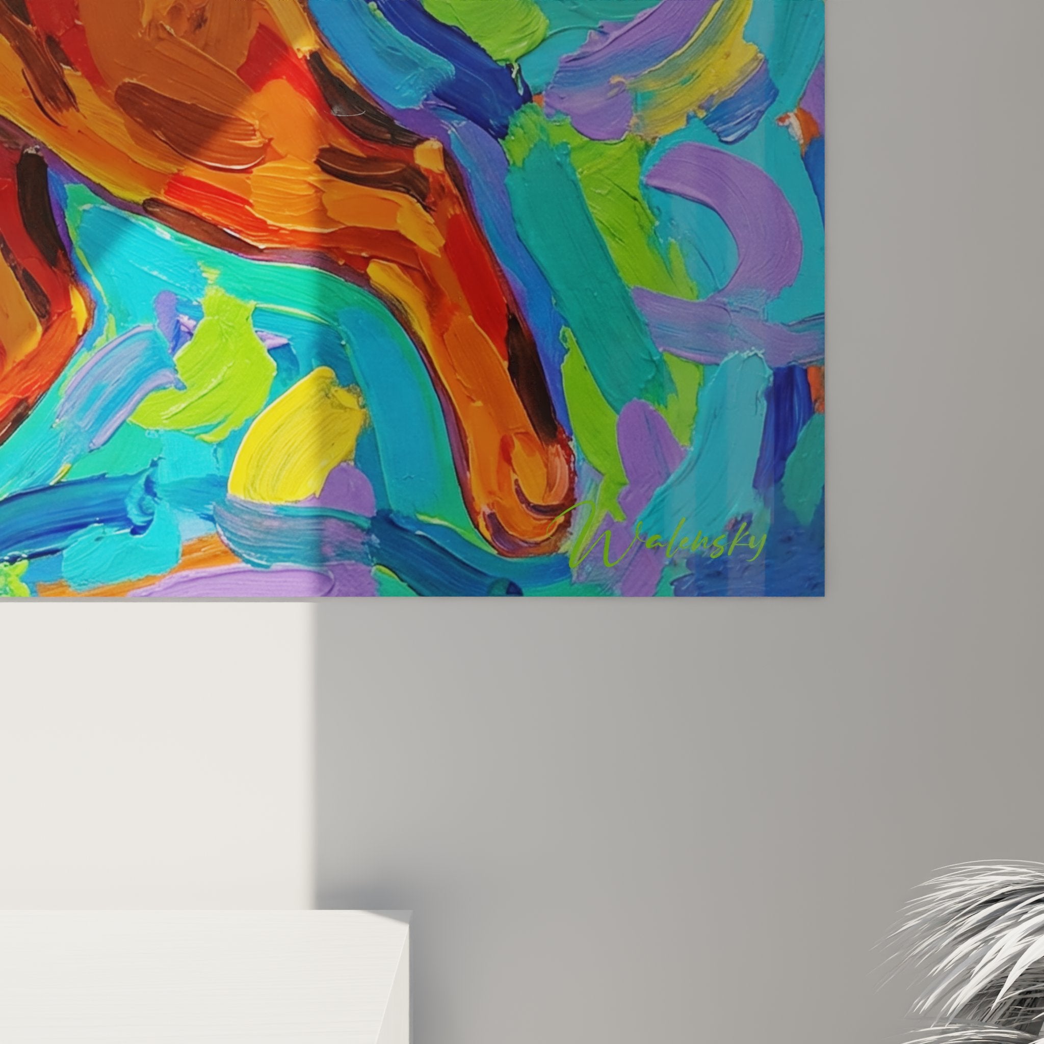Overview of the Abyssinian cat artwork in a contemporary living room