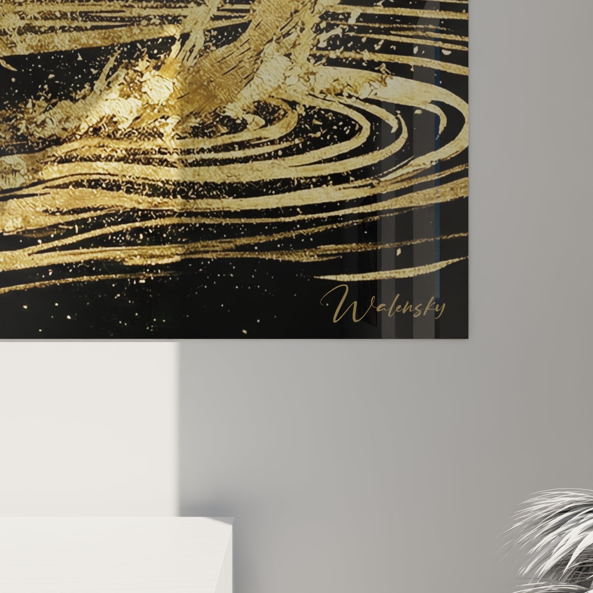 Modern kayak wall art overview, horizontal format black and gold, elegant water sports decoration