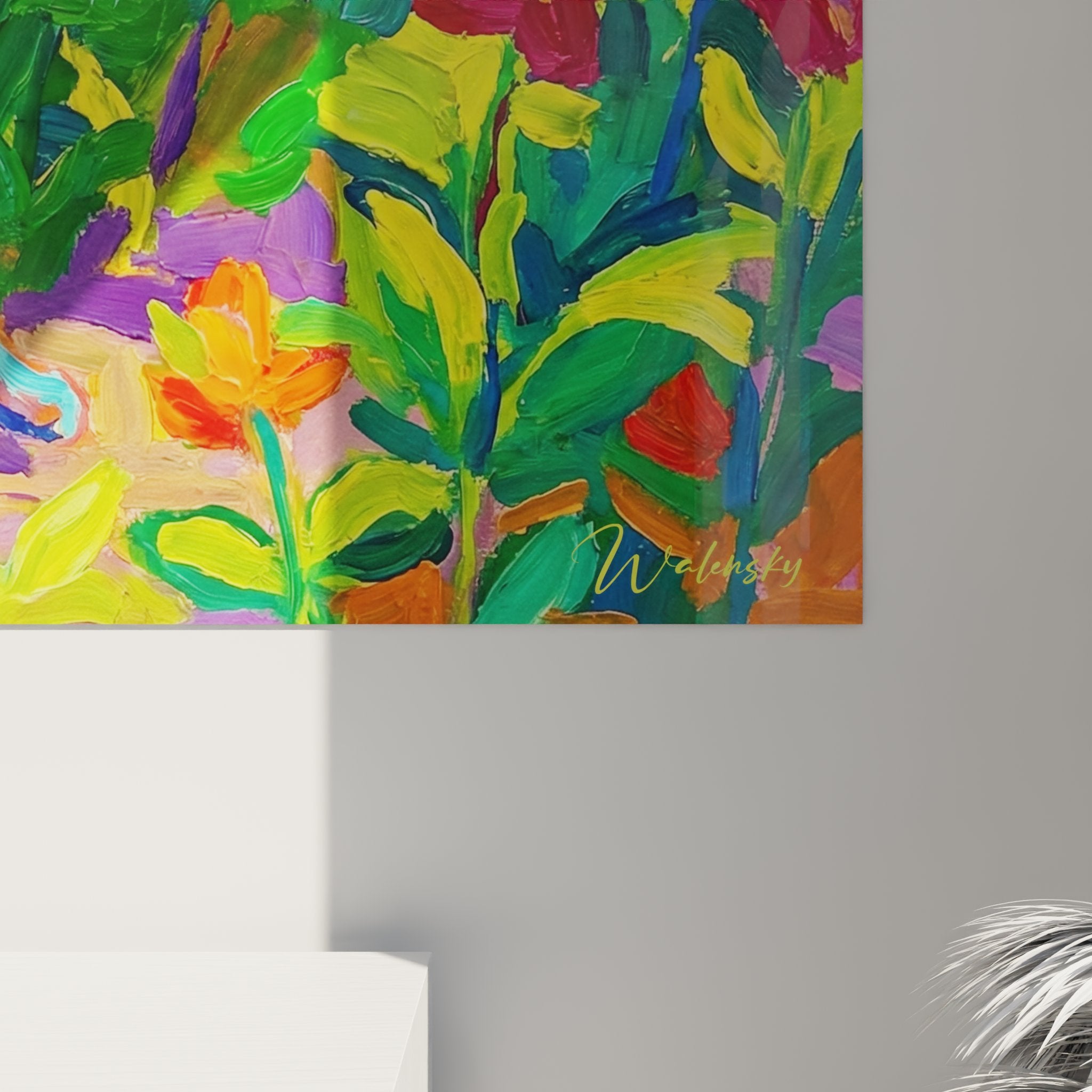 Overview of the Burmilla cat wall art painting in a blooming garden in a contemporary living room
