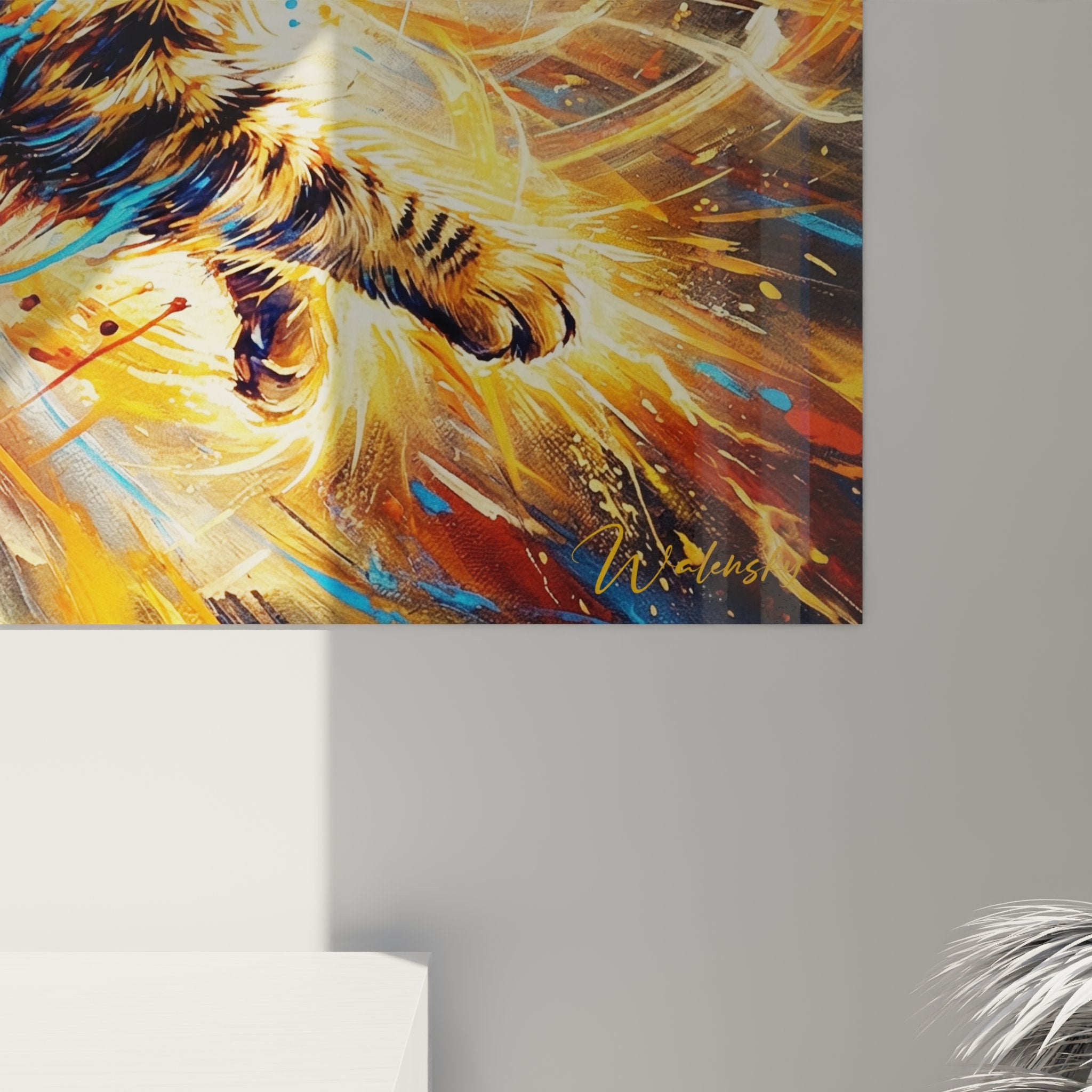 Vista complessiva del quadro gatto Manx dinamico appeso alla parete, che mostra l'impatto decorativo dell'opera