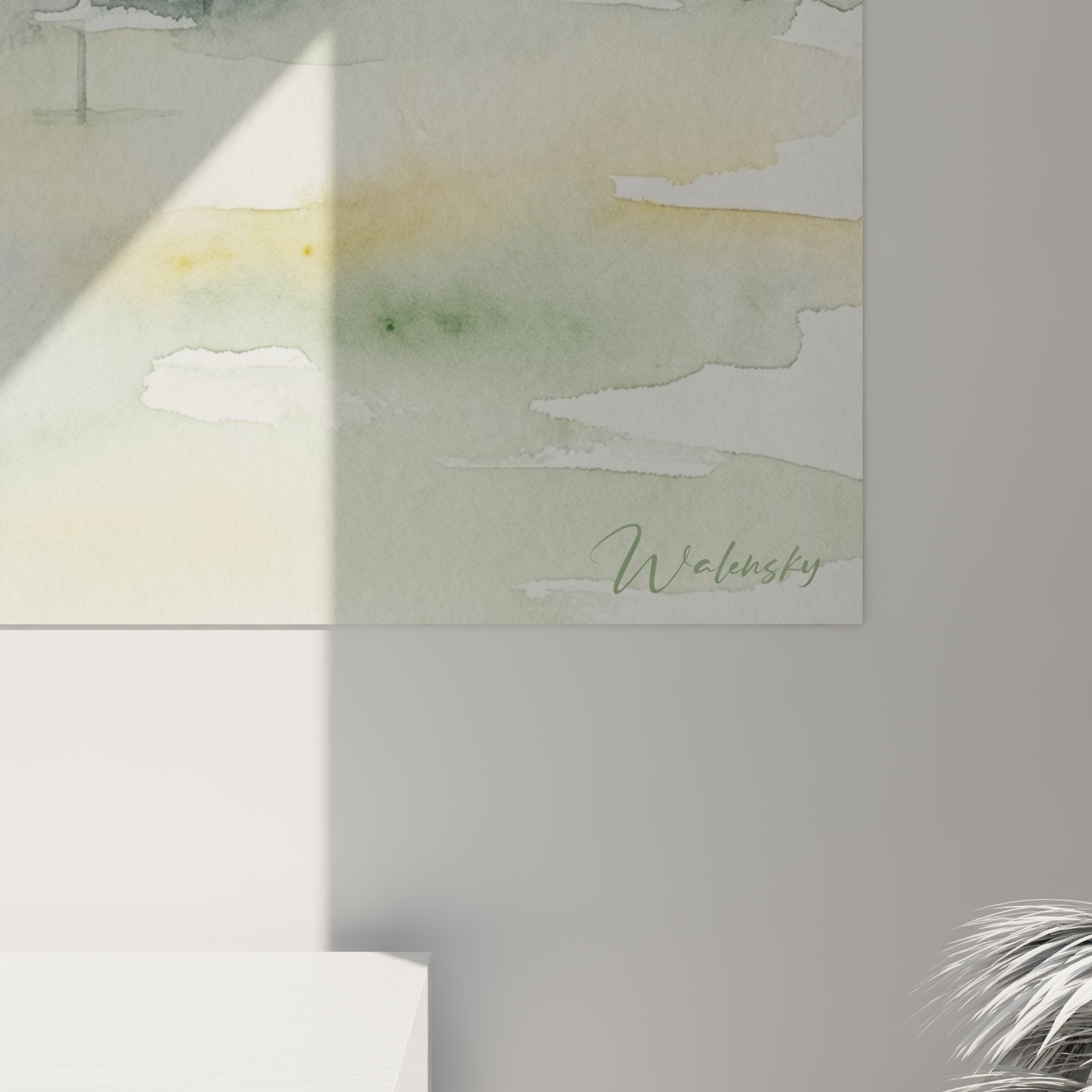 Vue d'ensemble du tableau golf aquarelle avec golfeur au putting dans un salon contemporain