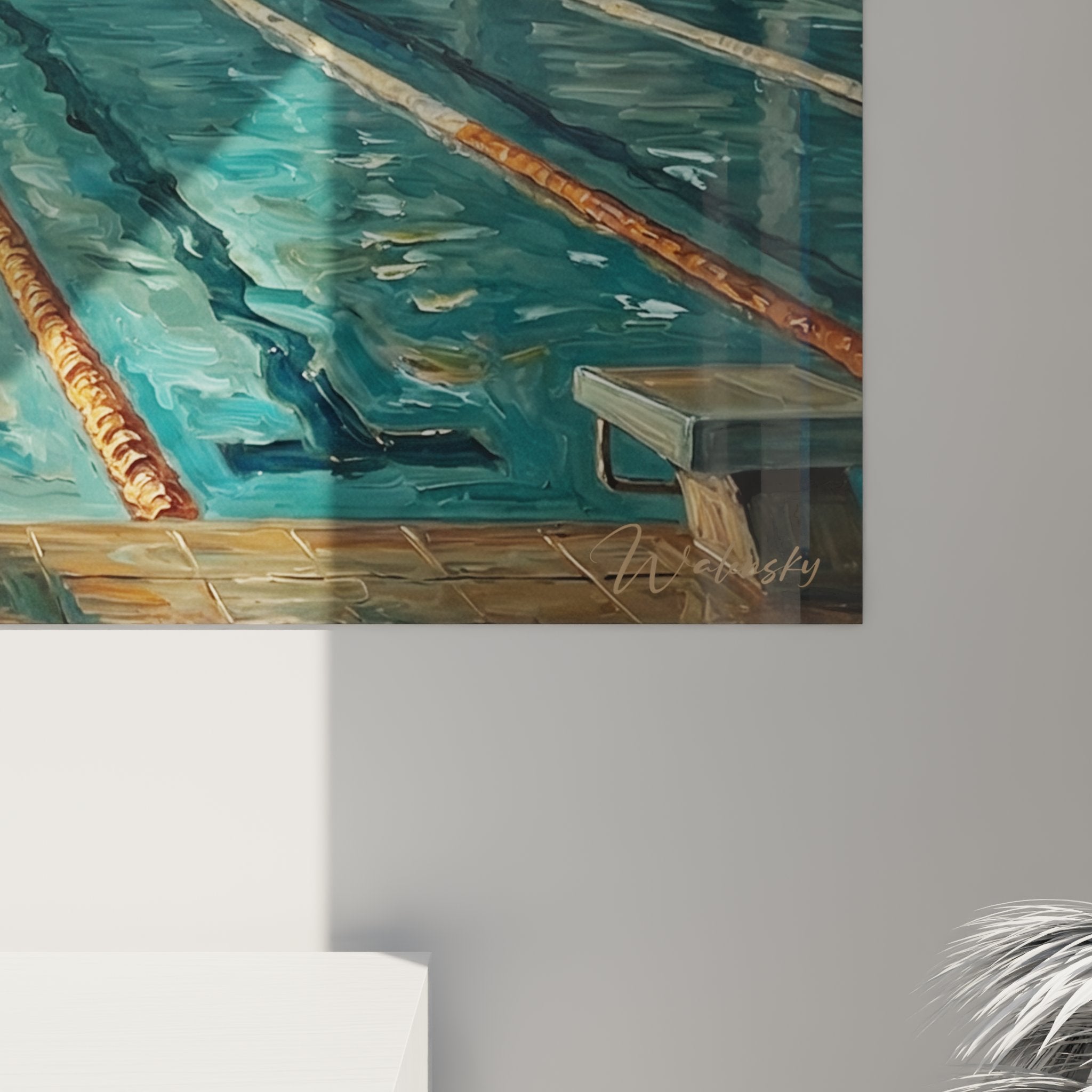 Vue ensemble tableau piscine retro avec architecture complexe aquatique et lumiere naturelle doree