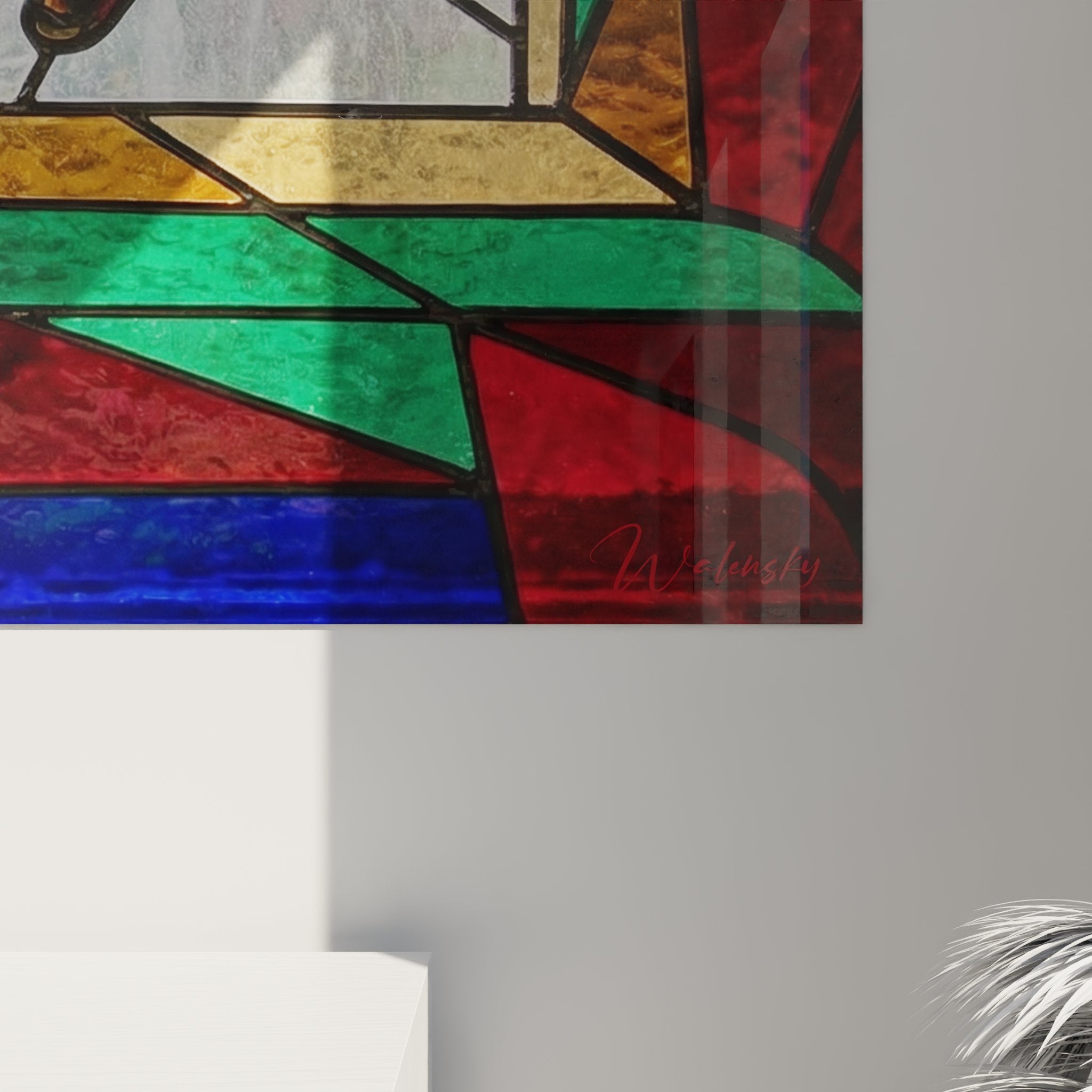 Gesamtansicht Wandbild springende Katze geometrisches Buntglas moderne Inneneinrichtung Katzen-Dekoration