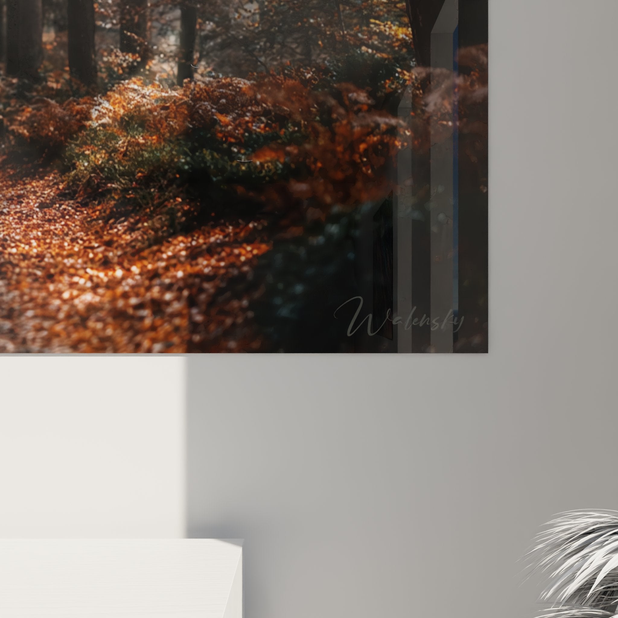 Overview of mountain bike forest decoration wall art with cyclist and trees in vibrant autumn colors