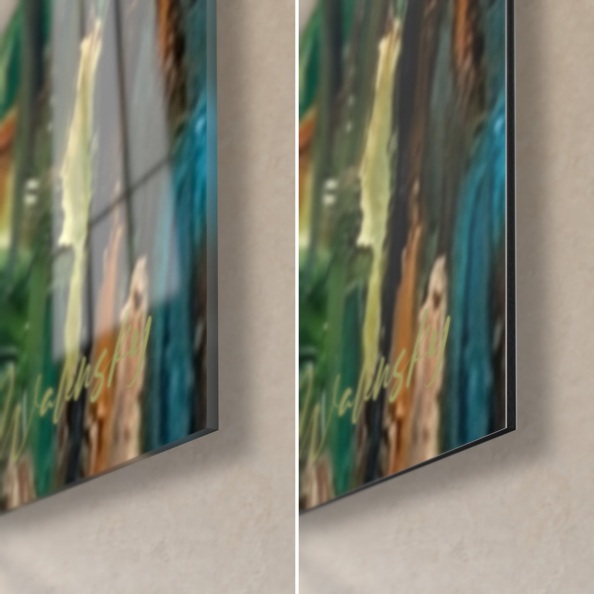 Quadro di un alpinista dipinto a olio, angolo in basso a destra in vetro lucido e alluminio Dibond opaco, spessore 3 mm, tocchi blu e ocra