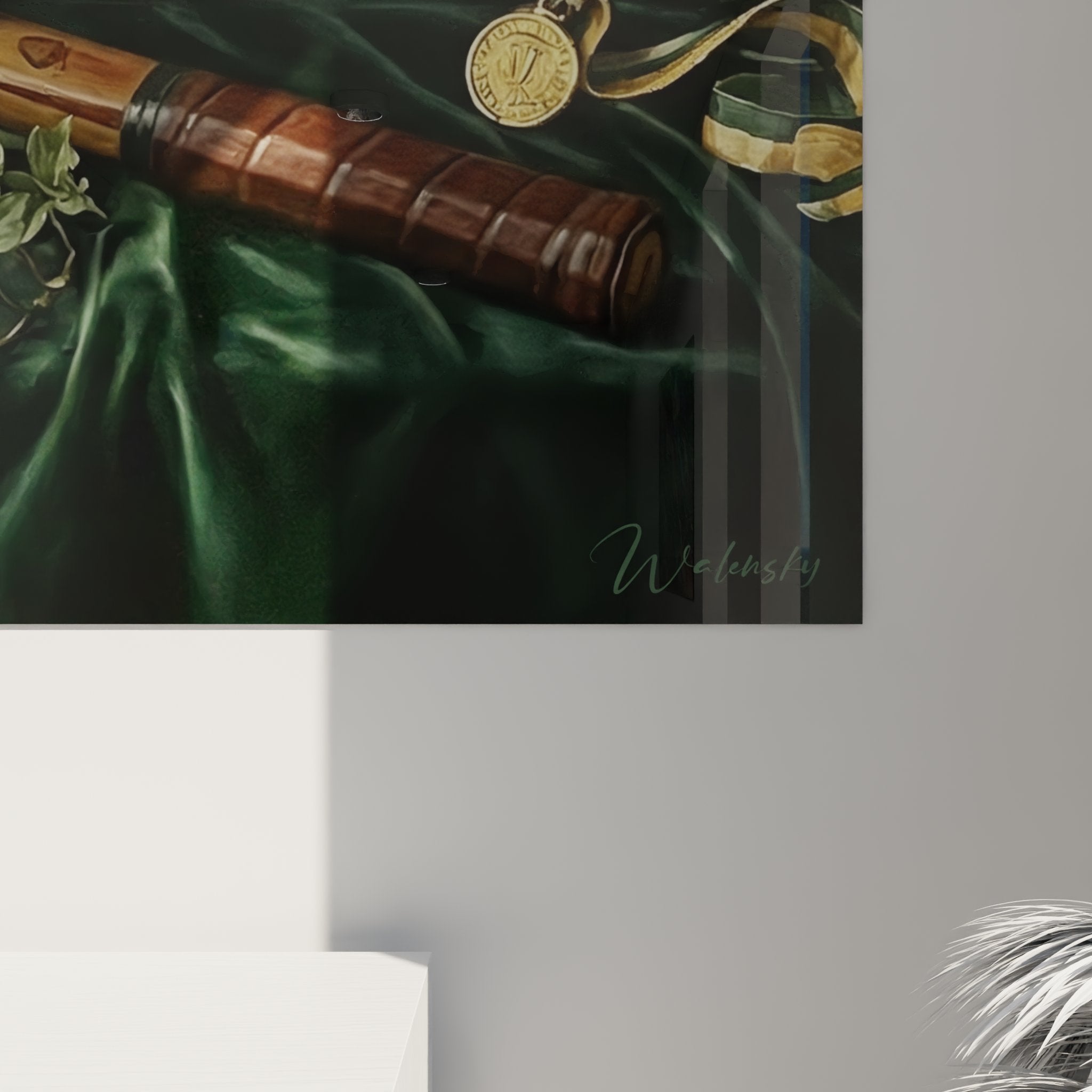 Overall view of retro tennis wall art with rackets collection and sports achievements display