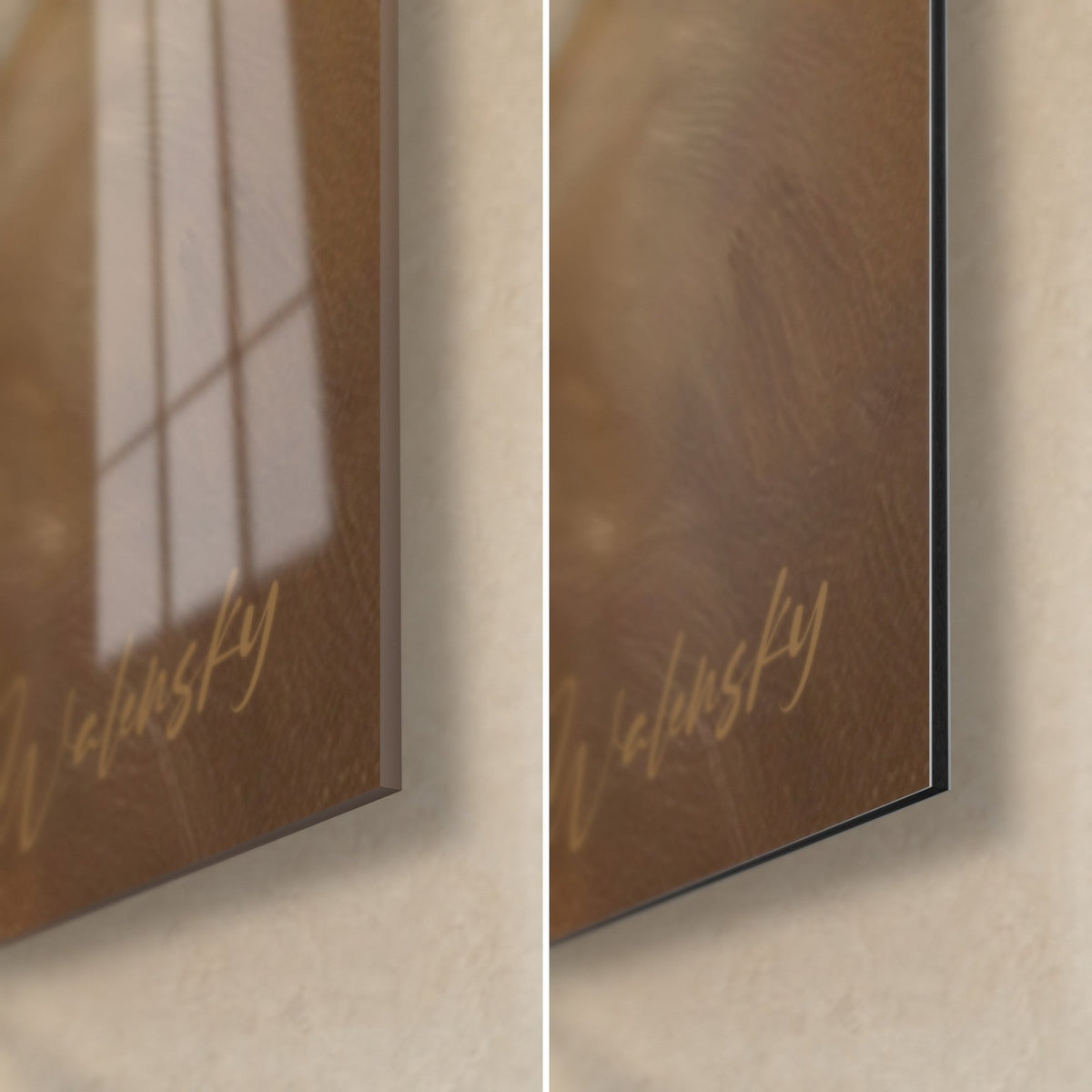 Cuadro gato persa crema, esquina inferior derecha, firma dorada Walensky, cristal acrílico brillante a la izquierda, aluminio Dibond mate a la derecha, canto de 3 mm