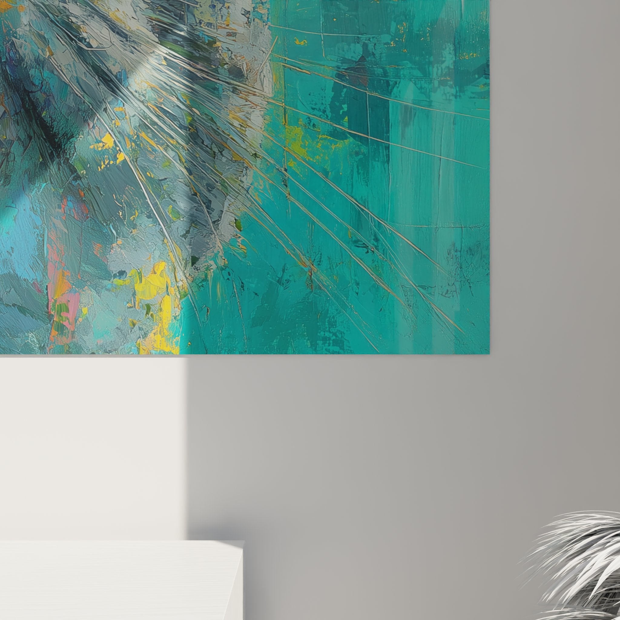 Overview modern Scottish Fold cat artwork, turquoise wall decor contemporary living room design