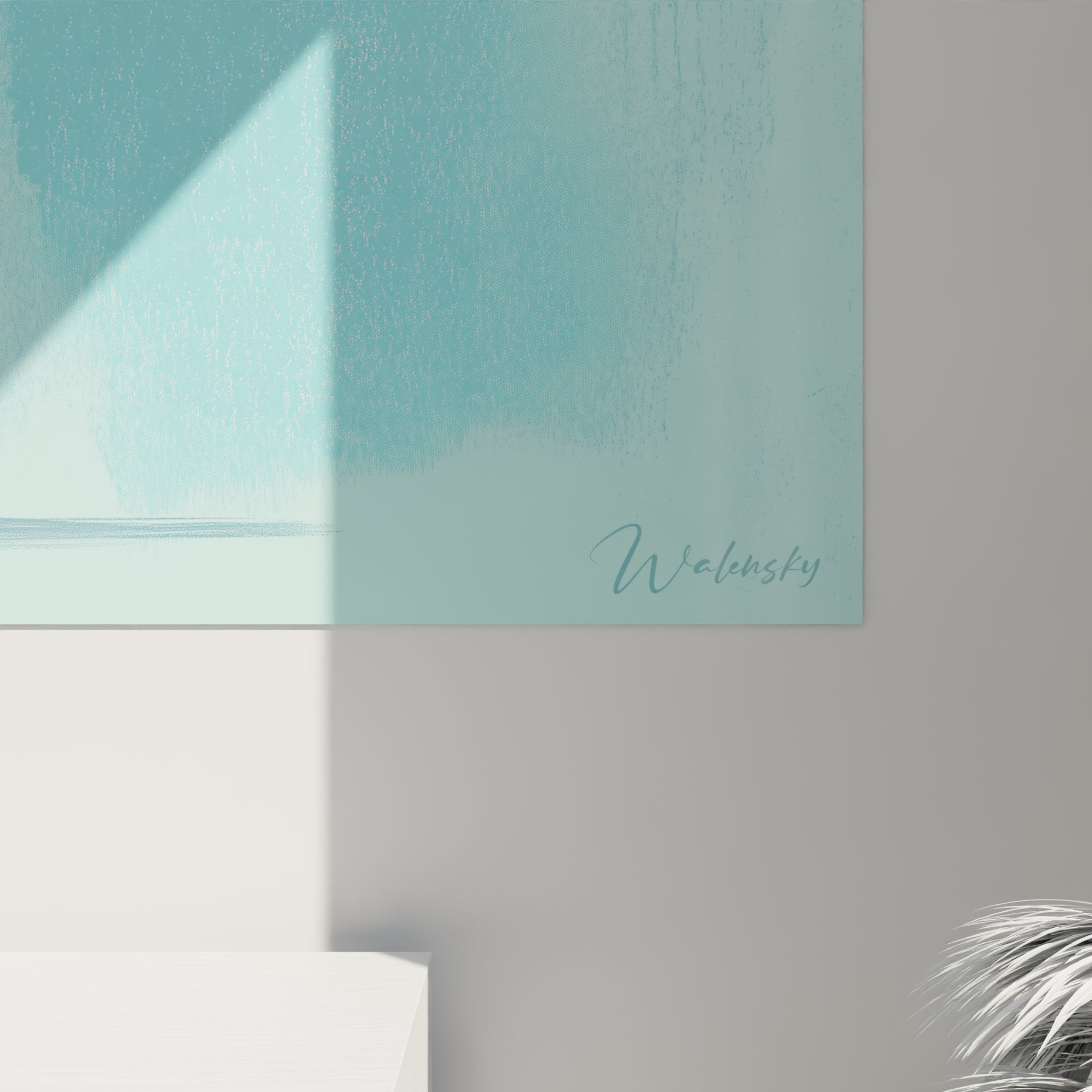 Vista d'insieme del quadro gatto siamese moderno in un interno contemporaneo con decorazione turchese