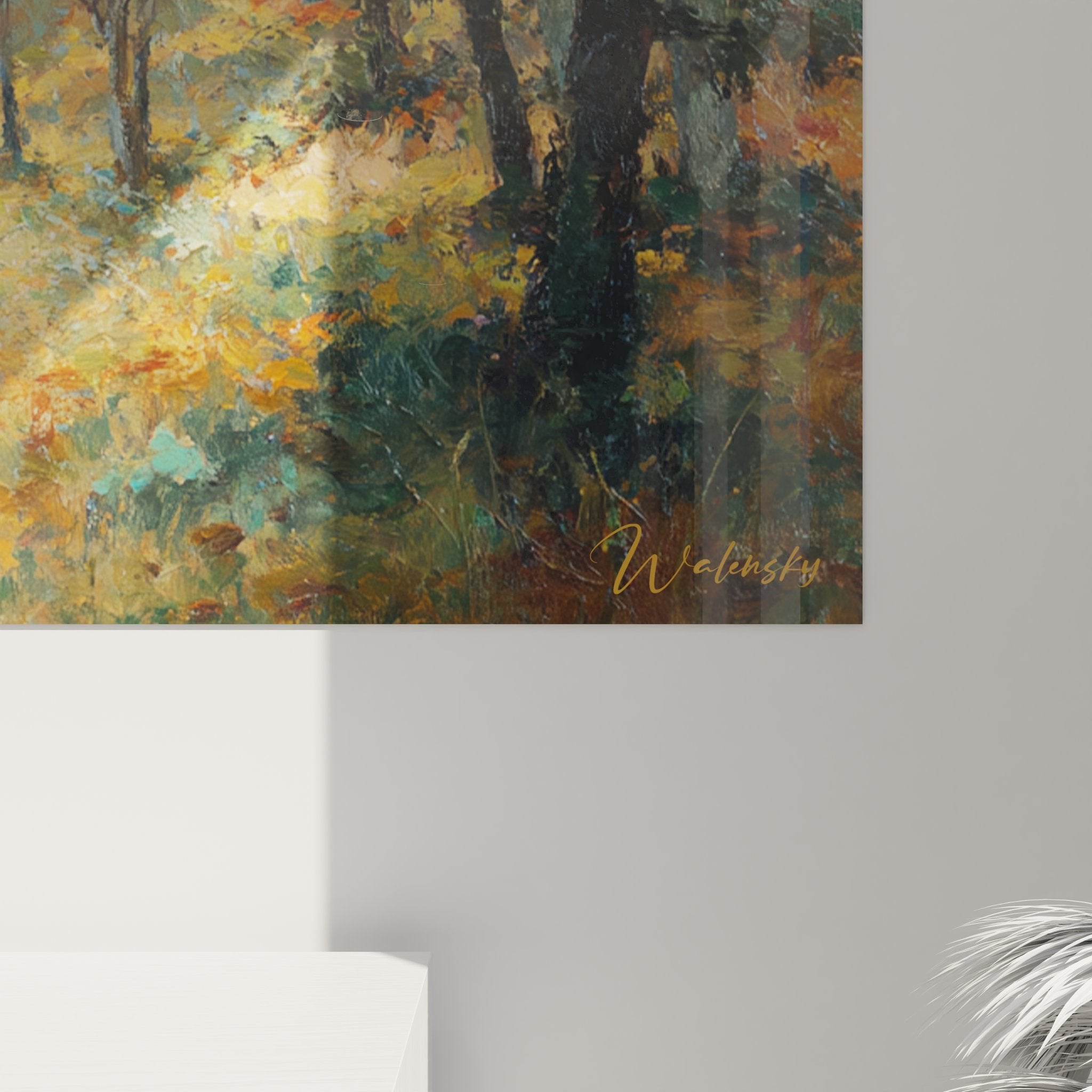 Vue d'ensemble tableau promenade chasseurs chiens forêt, œuvre décorative tons chauds automne chasse