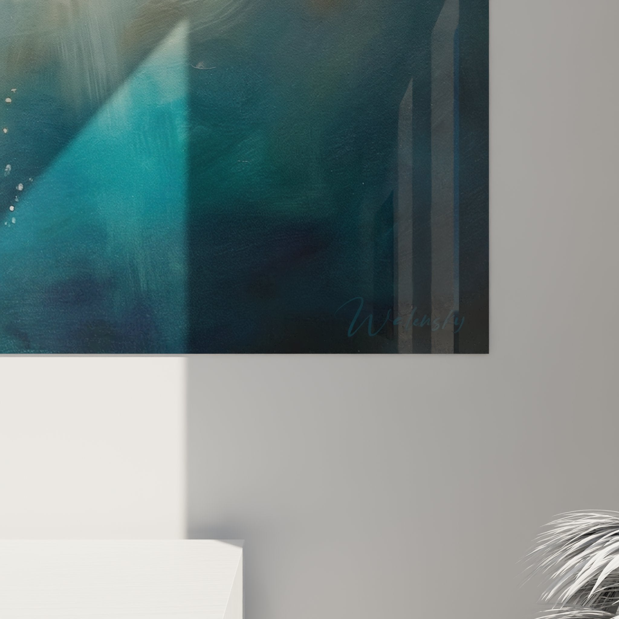 Vue d'ensemble tableau mural plongée représentant ascension plongeur dans rayons soleil sous-marins dorés