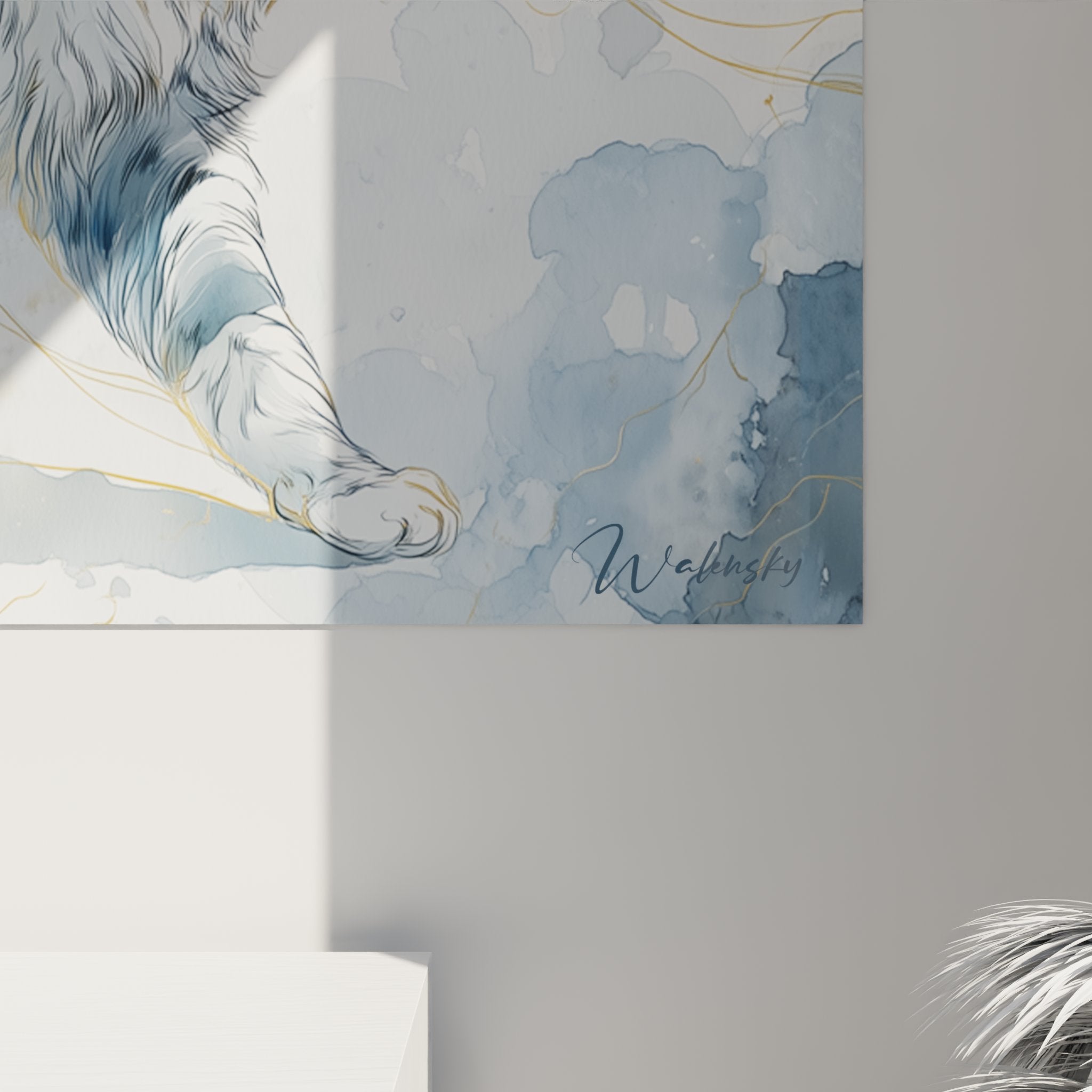 Gesamtansicht Maine Coon Aquarell Gemälde, zeitgenössische Katzen-Wandkunst Inneneinrichtung