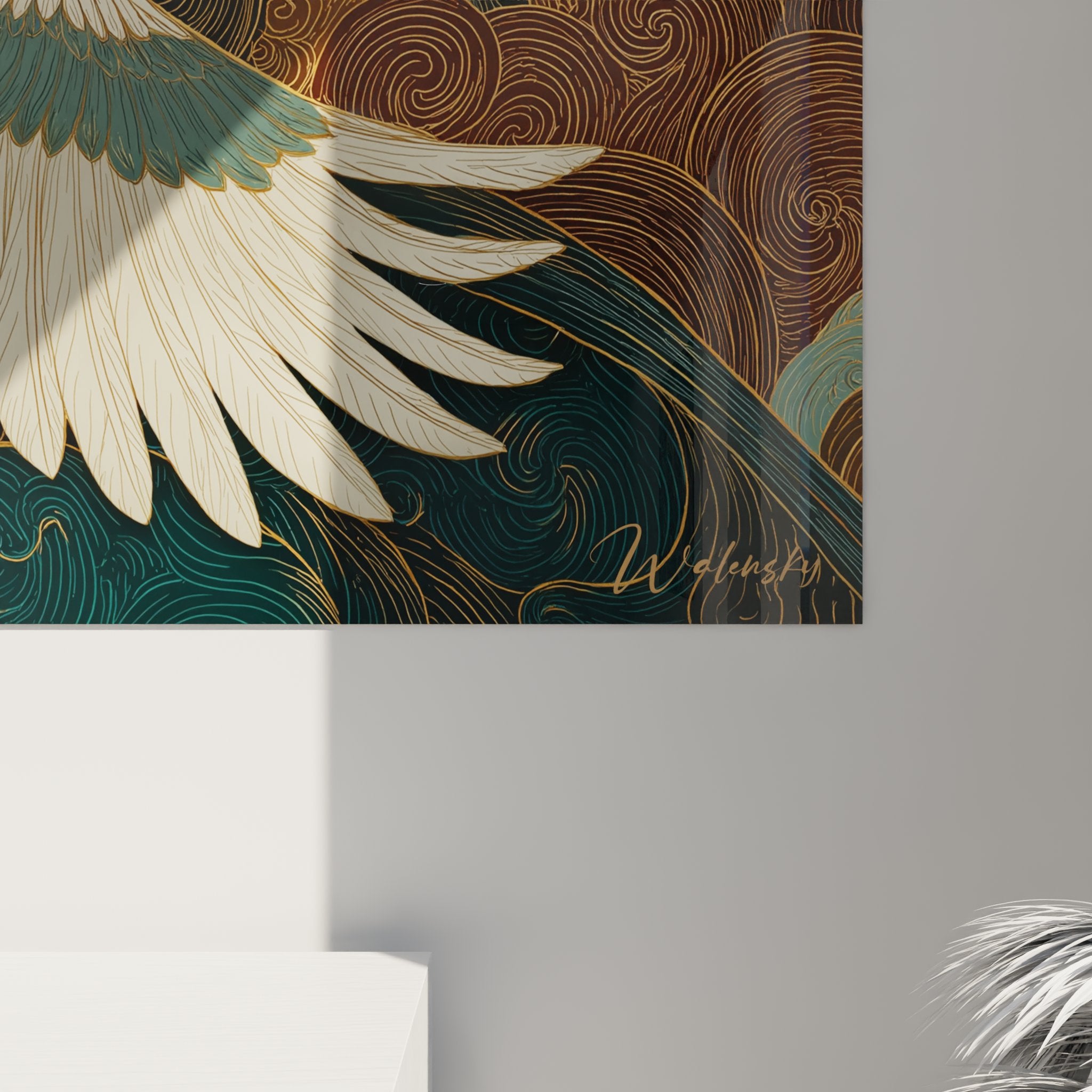 Vue d'ensemble tableau mural grue art déco dans salon, décoration ornithologique raffinée style années 1920