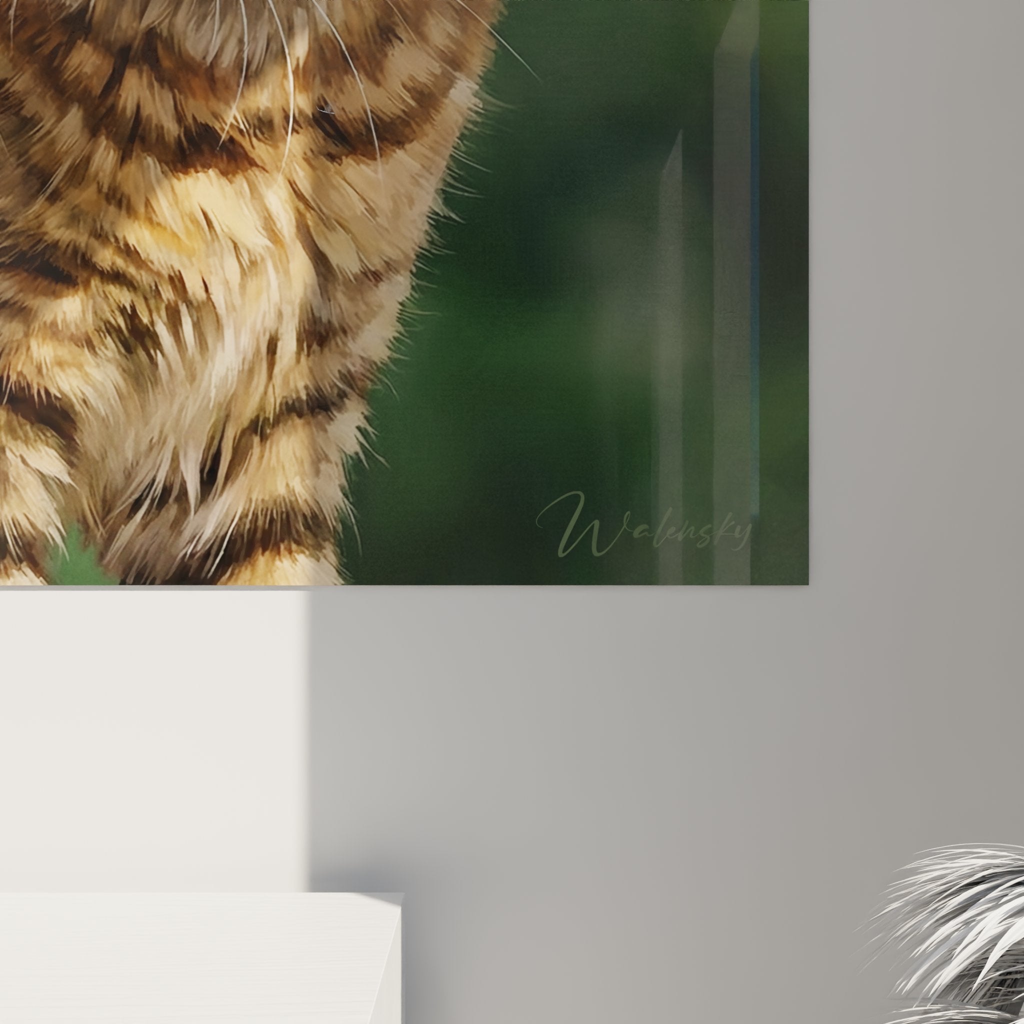 Vue d'ensemble tableau mural chat American Bobtail dans intérieur moderne, décoration féline raffinée