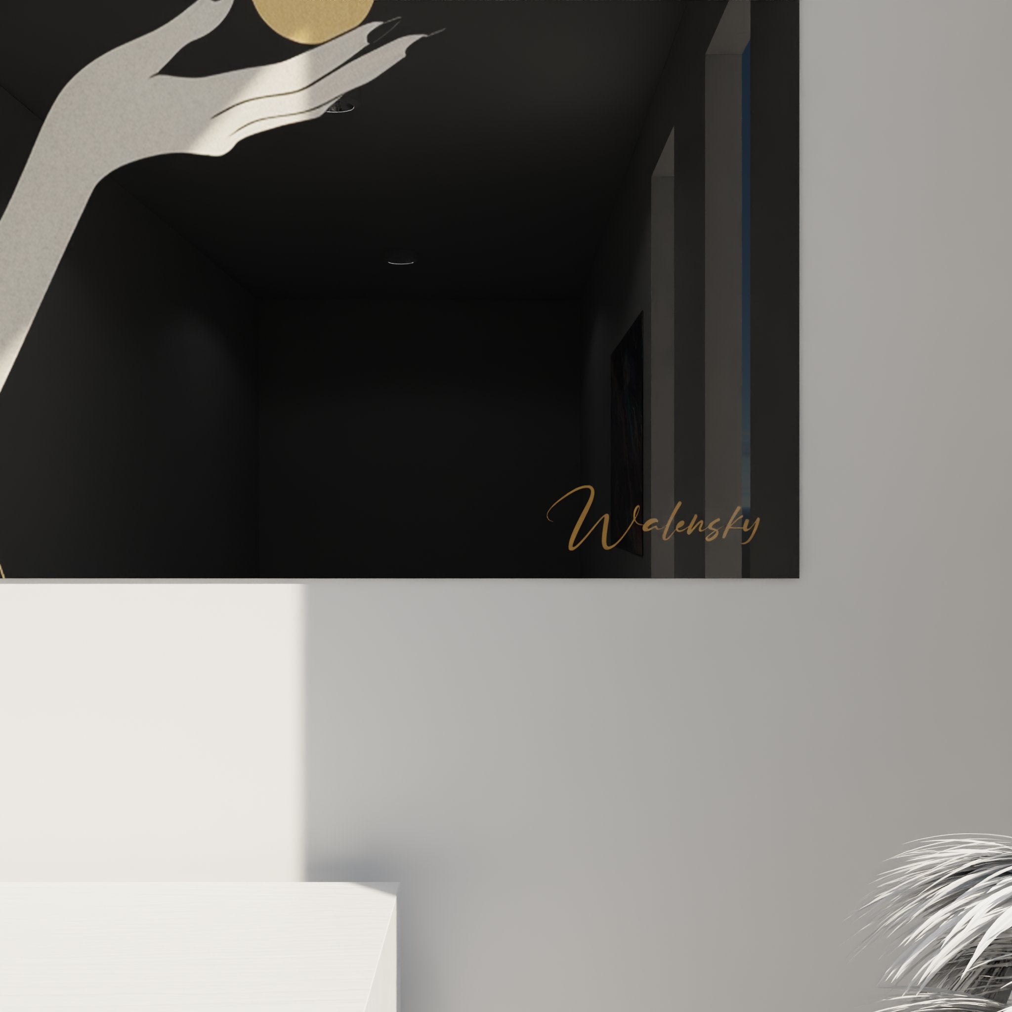 Overview modern woman art deco canvas with glowing globe sophisticated interior wall decoration