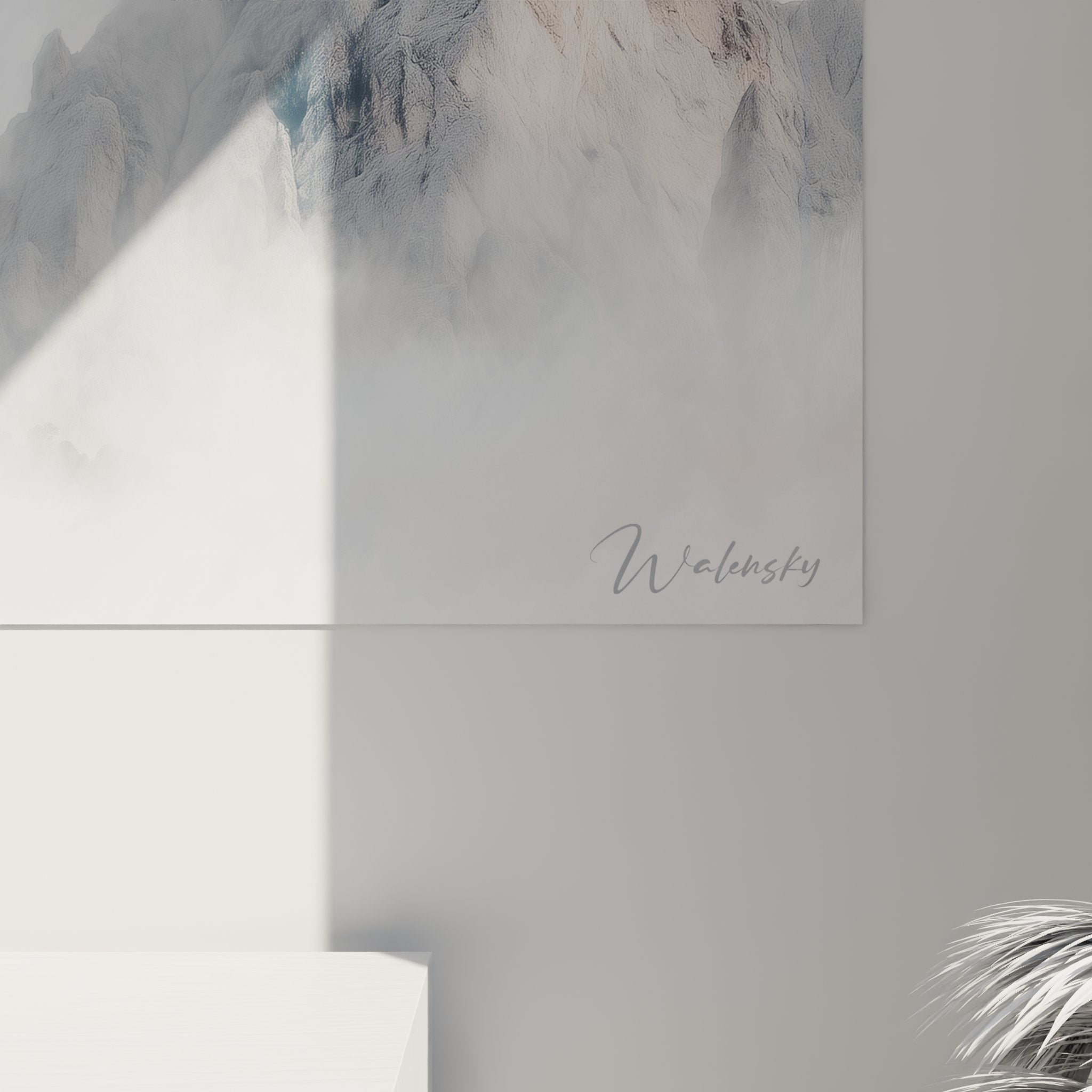 Mountain landscape foggy painting overall view, elegant neutral tone wall decor for modern living room