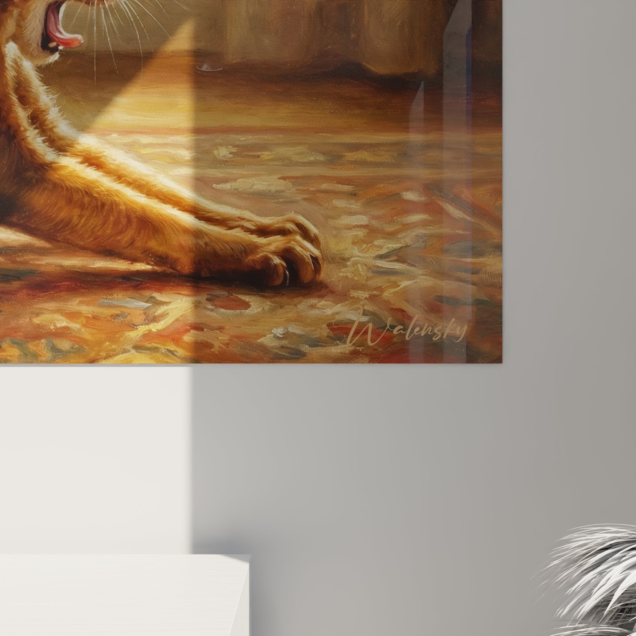 Overview of the Abyssinian cat artwork in a contemporary interior, warm ambiance