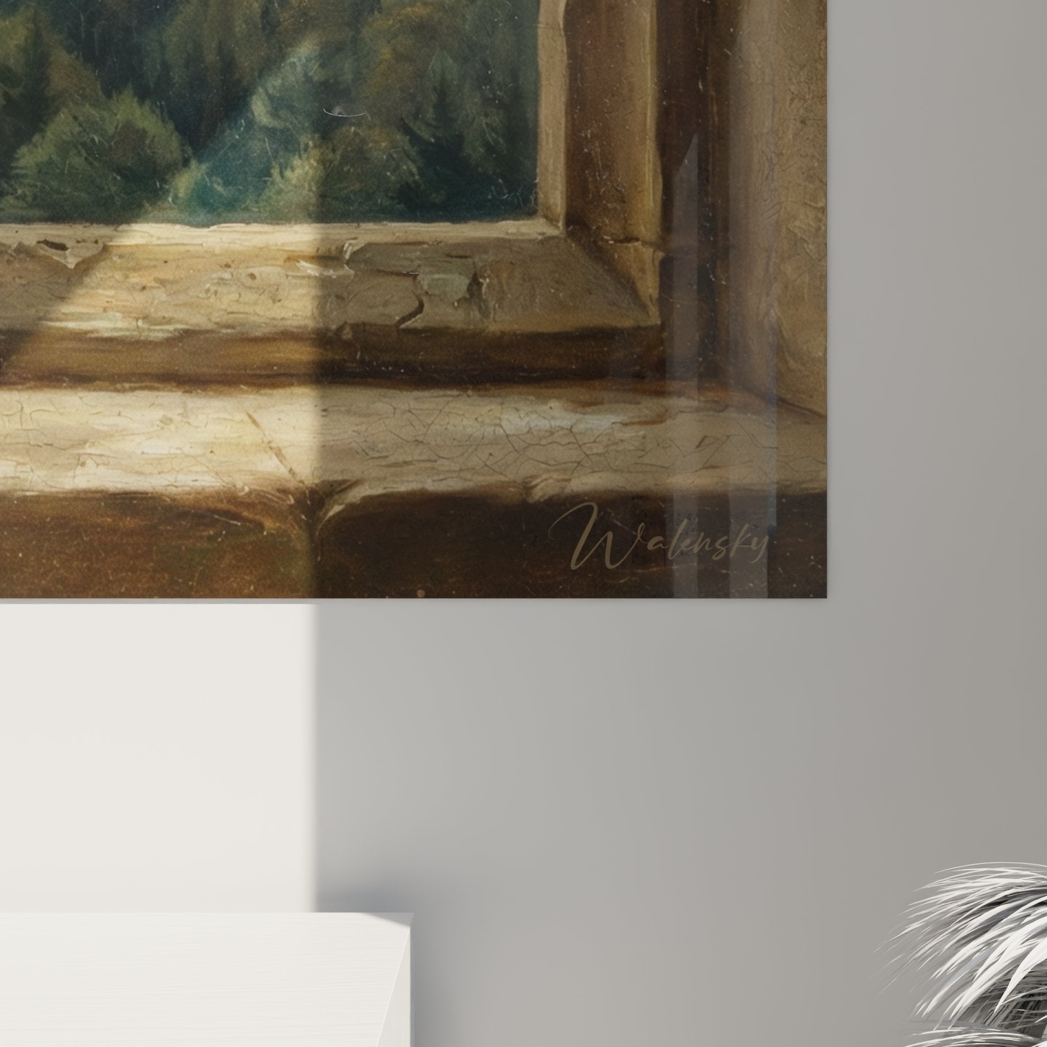 Vista d'insieme quadro murale gatto certosino finestra montagna decorazione interna stile campagna chic