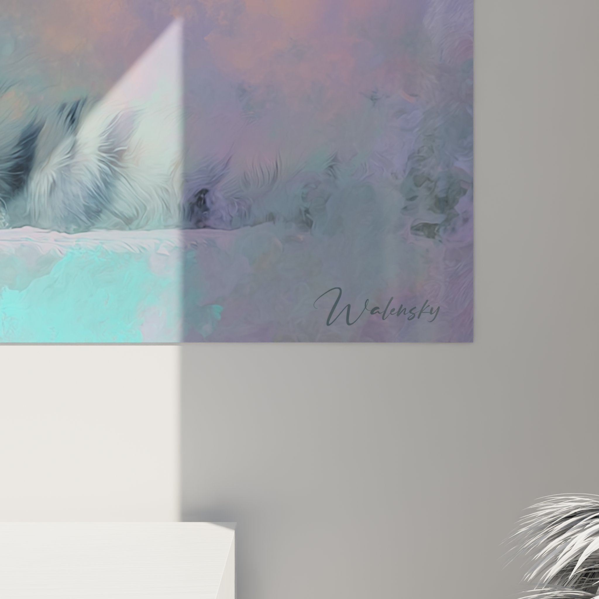 Vue d'ensemble œuvre murale chat American Bobtail atmosphère dreamlike couleurs douces déco moderne