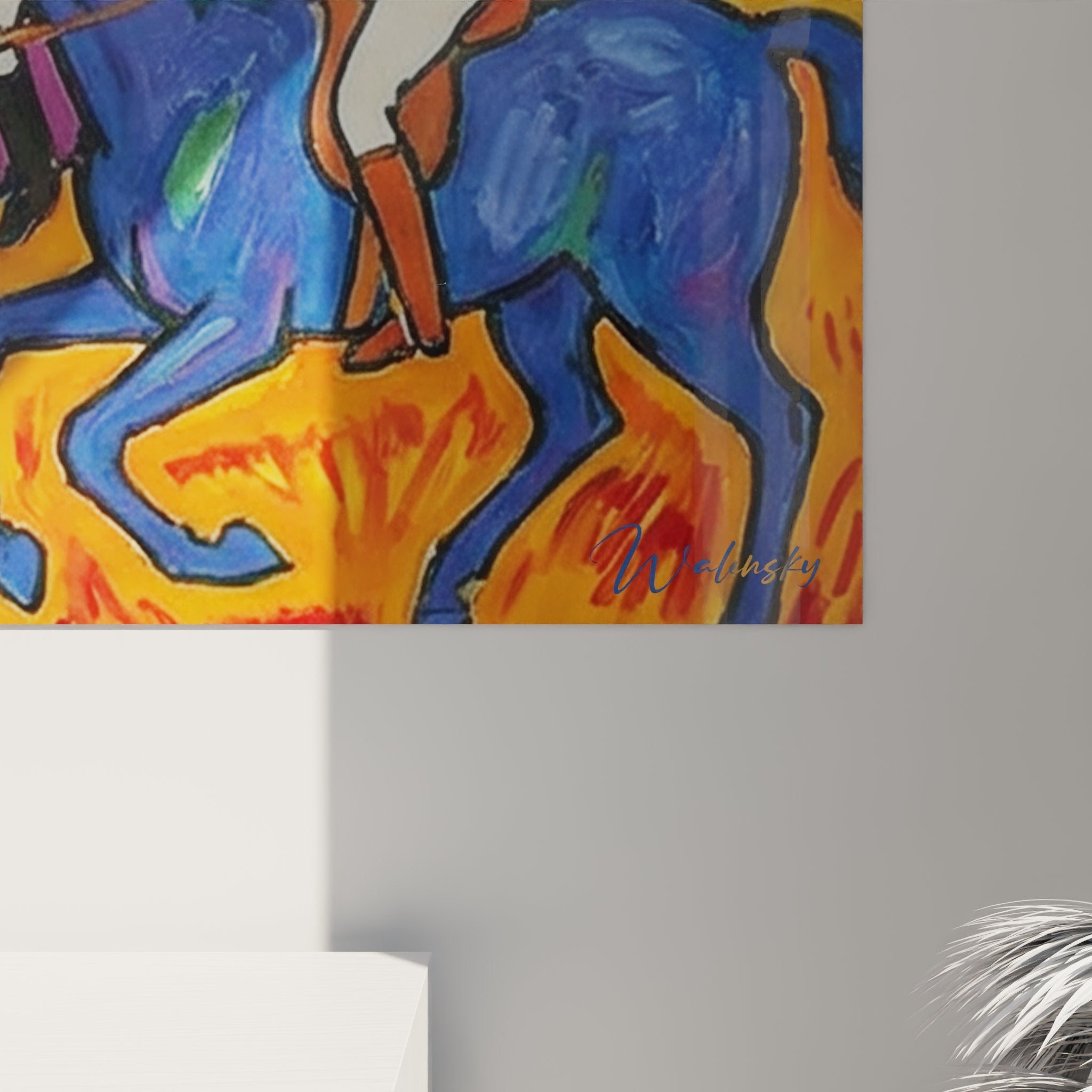 Overall view of equestrian polo wall art in fauve style with colorful sporting scene of riders with raised mallets