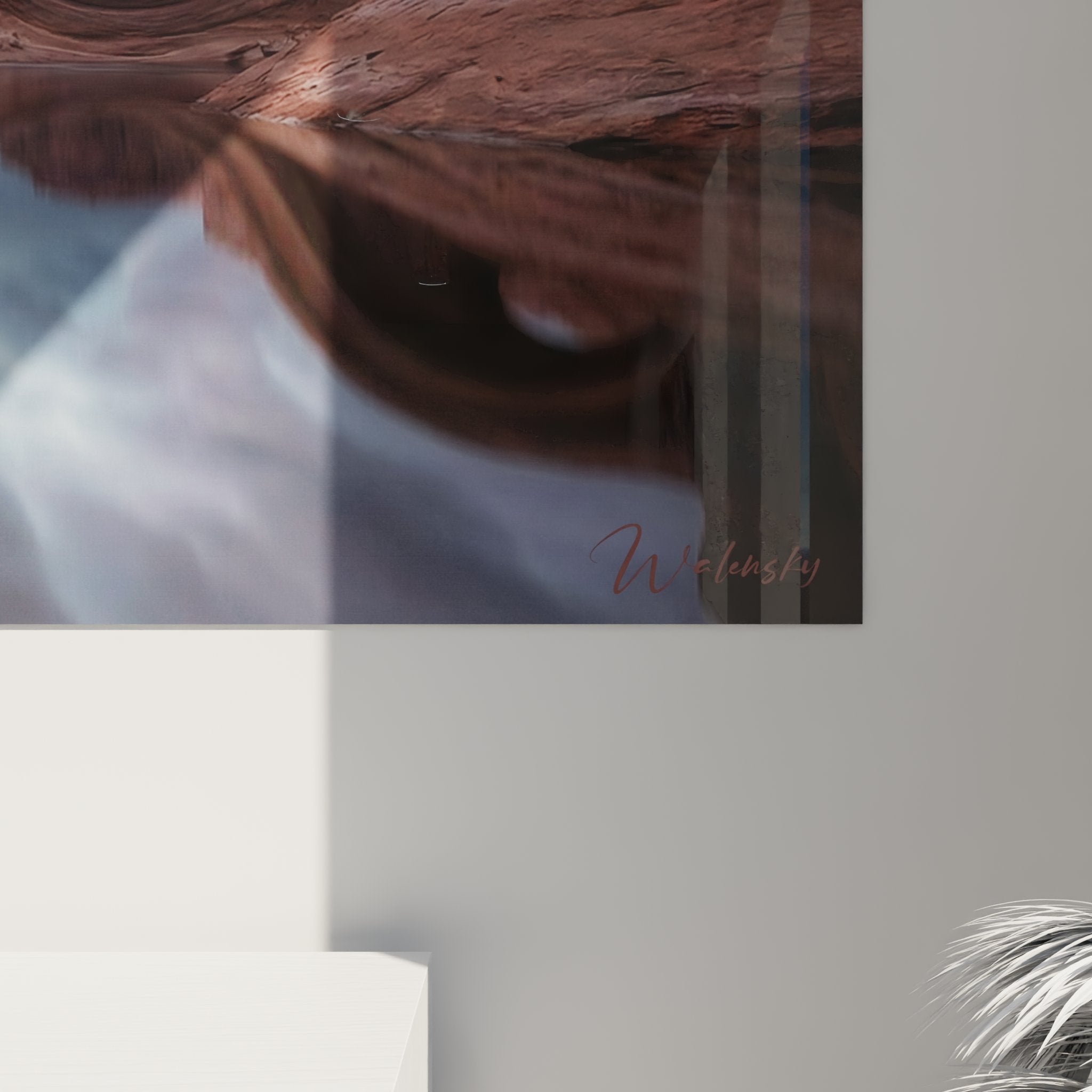 Overall view of kayak wall art with surrealist arches against stormy sky and perfect reflections