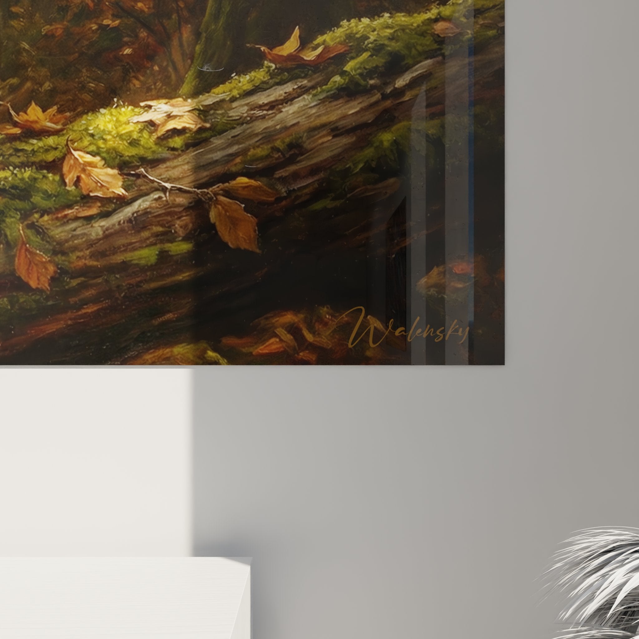 Vue d'ensemble tableau mural chat American Bobtail automne avec feuillage doré et ambiance naturelle chaleureuse