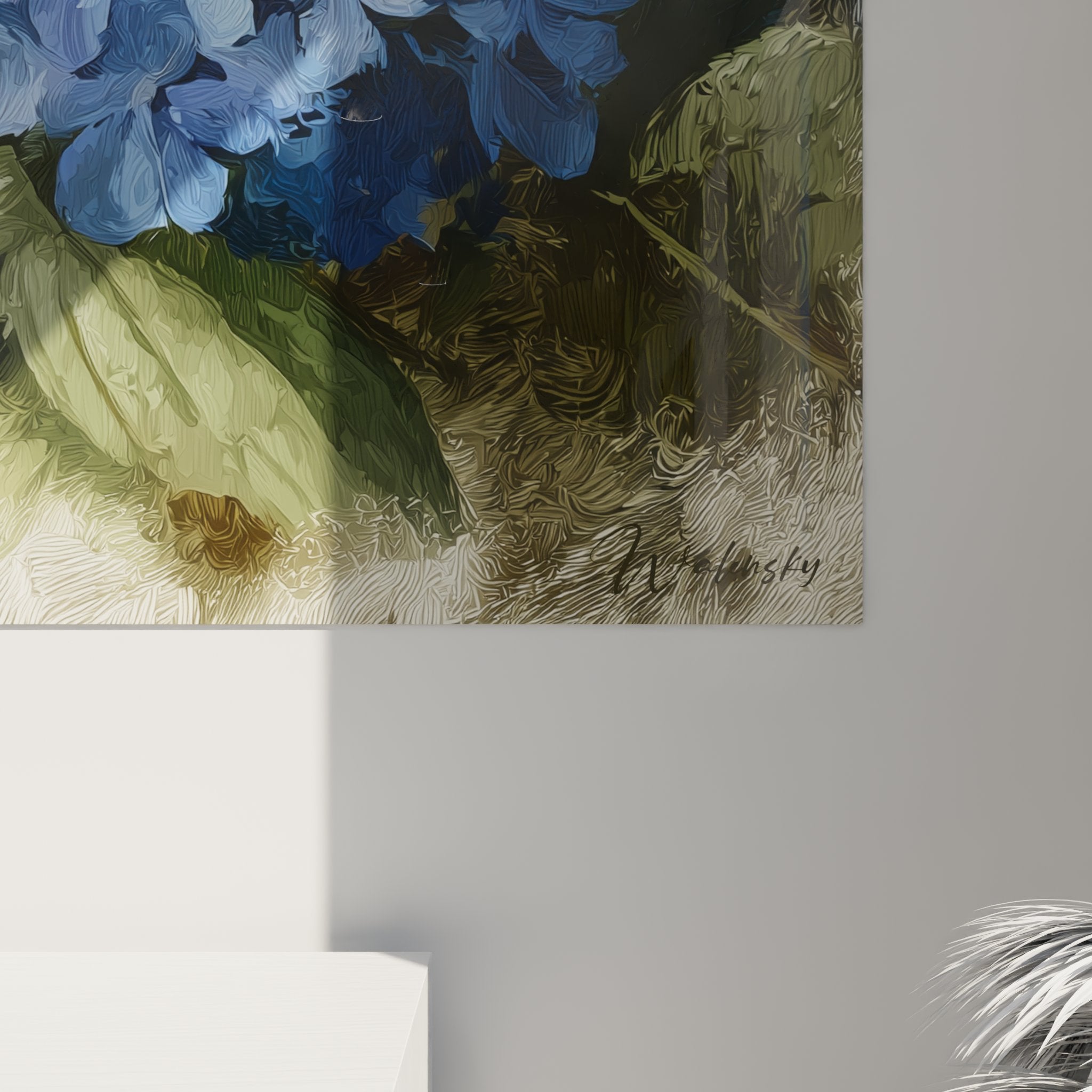 Vue d'ensemble du tableau mural chat Turkish Van et hortensias dans un intérieur moderne