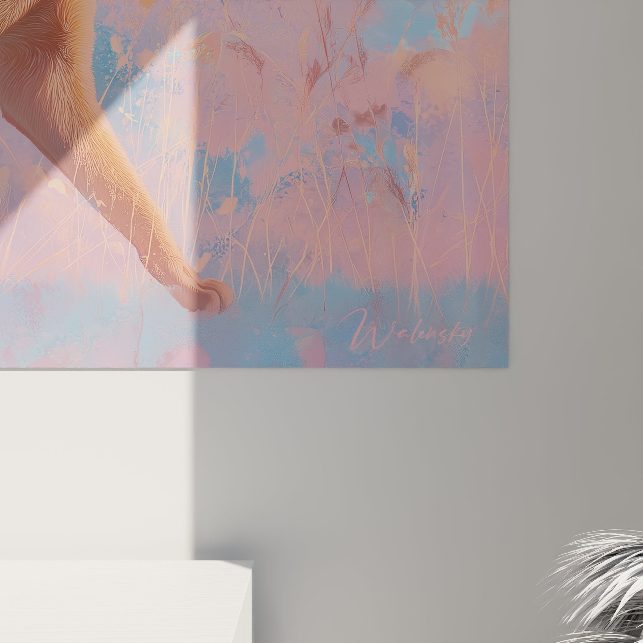 Panoramica quadro murale gatto Abissino, composizione artistica colori tenui decorazione