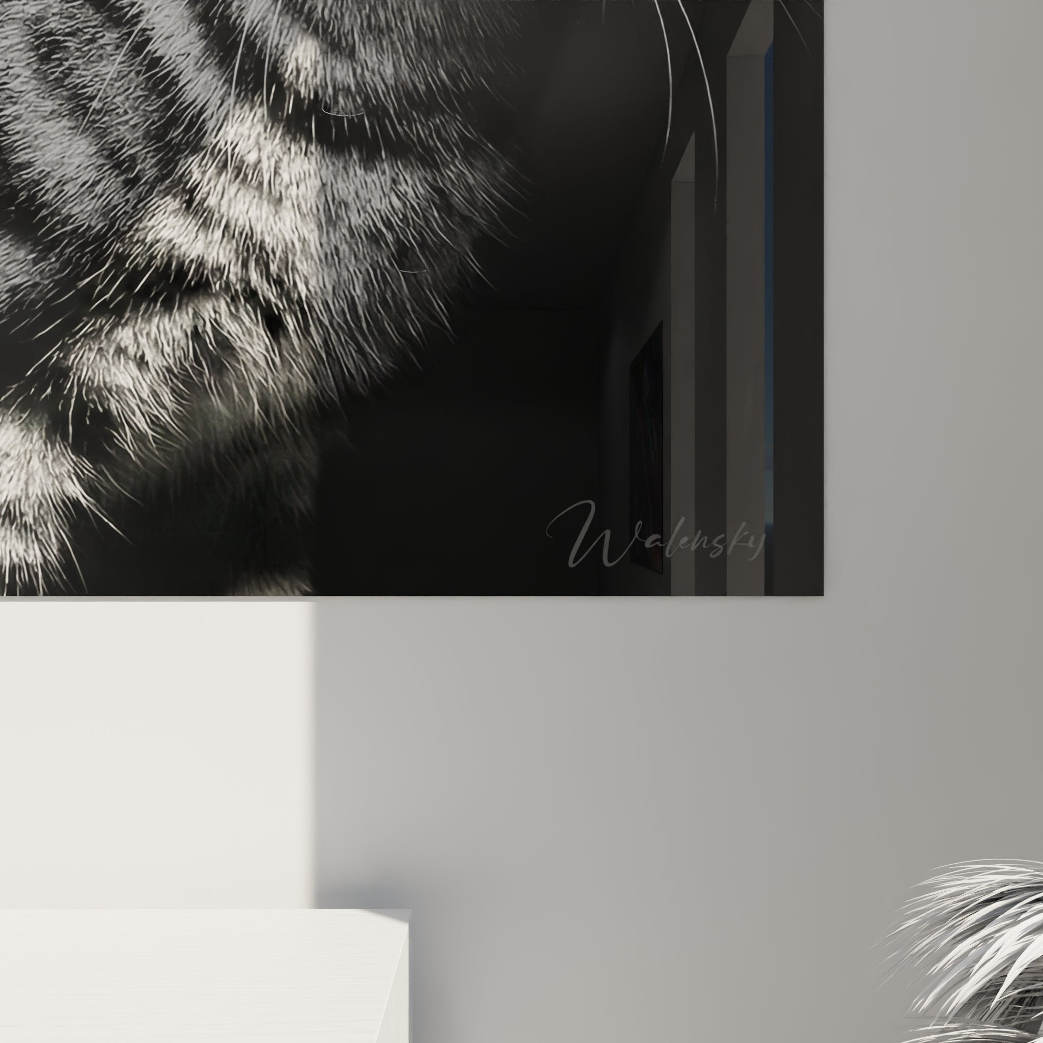 Vue d'ensemble tableau mural chat American Shorthair tigré noir blanc dans intérieur moderne