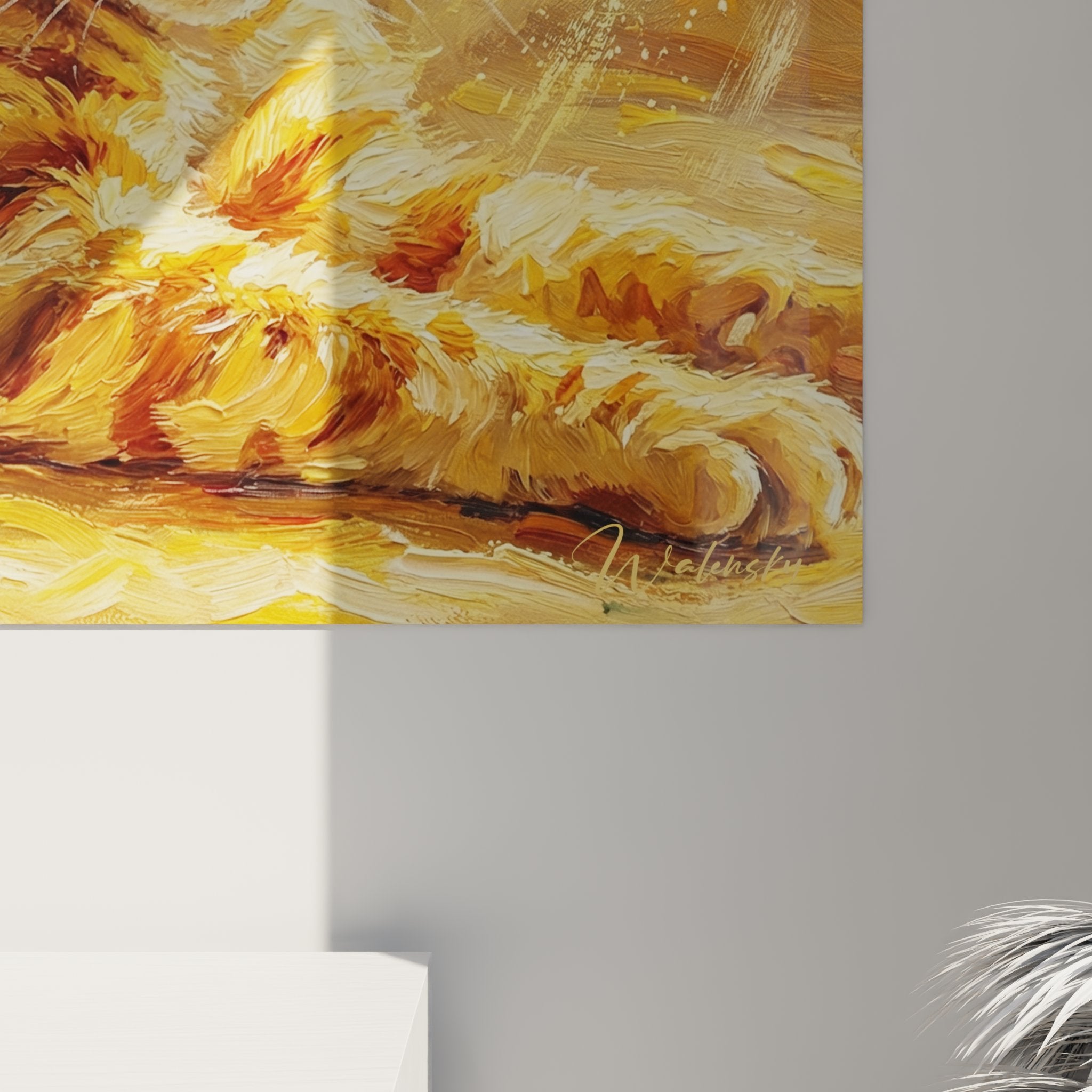 Vista generale del quadro murale gatto American Curl, opera d'arte felina premium per decorazione salotto moderno