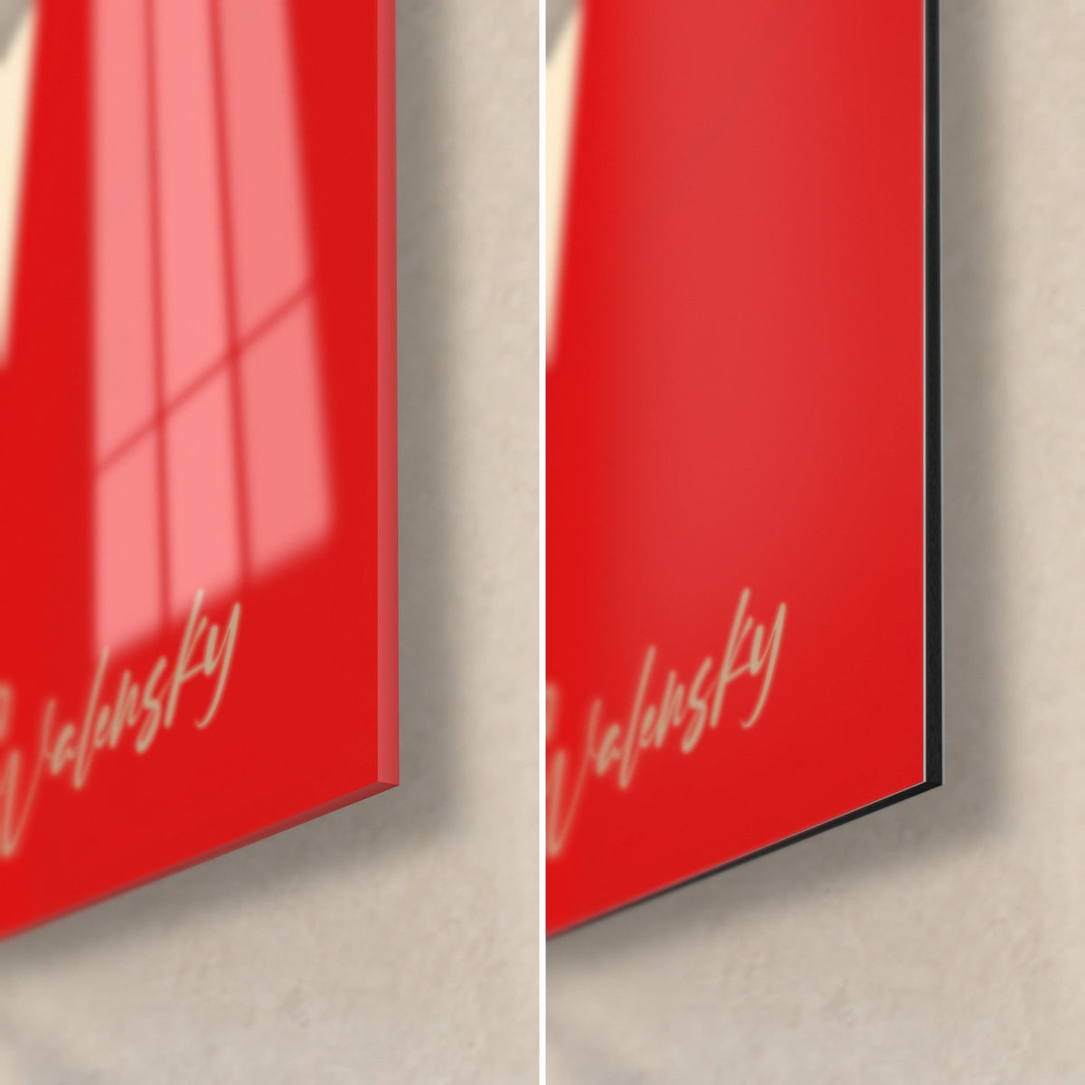 Wall art woman in round glasses, bottom right corner: glossy red acrylic glass with reflections, matte black Dibond aluminum and 3 mm edge