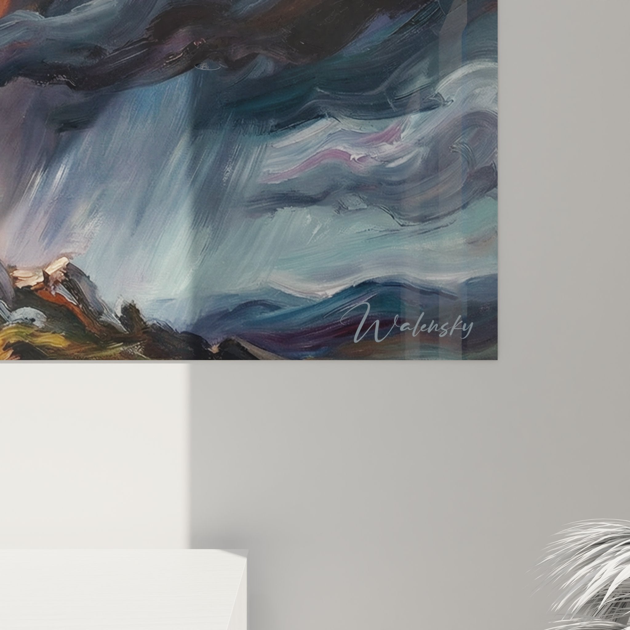 Vue ensemble tableau mural chasseur orage, format paysage décoration murale thème chasse nature sauvage