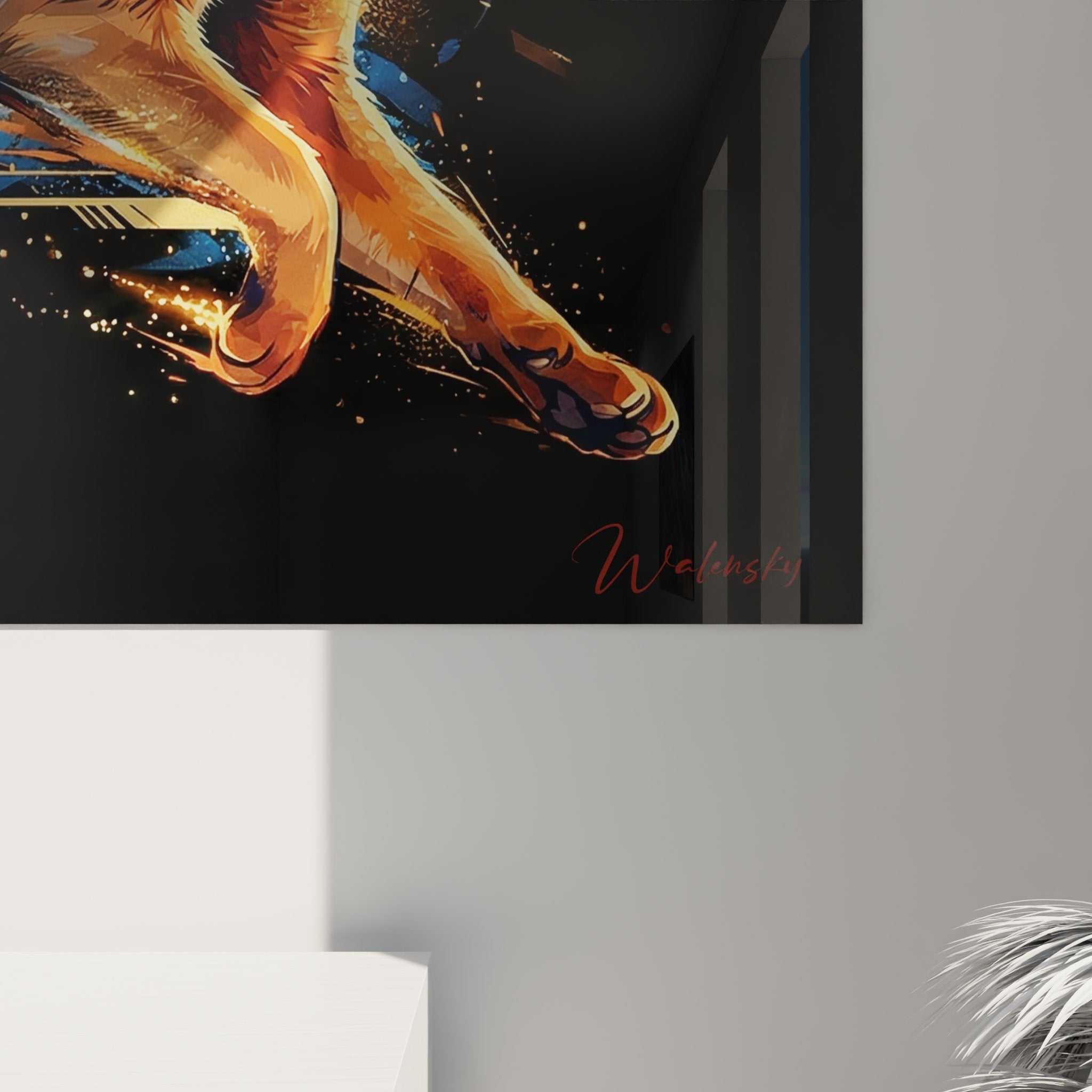 Vue d'ensemble tableau mural chat Abyssin en action avec particules dorées et style contemporain