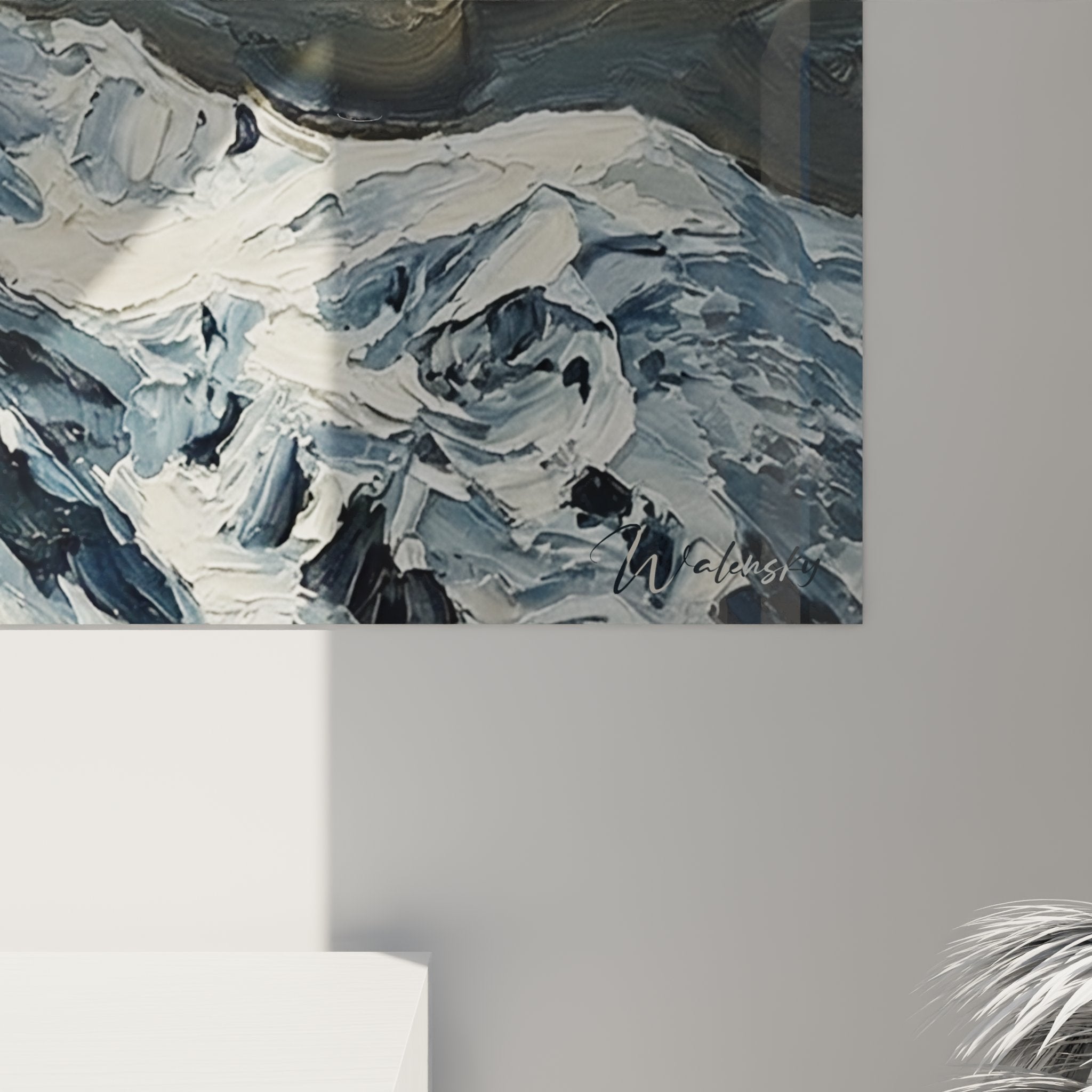 Overview of snowy mountain wall art, alpine artwork with turbulent sky for interior decoration