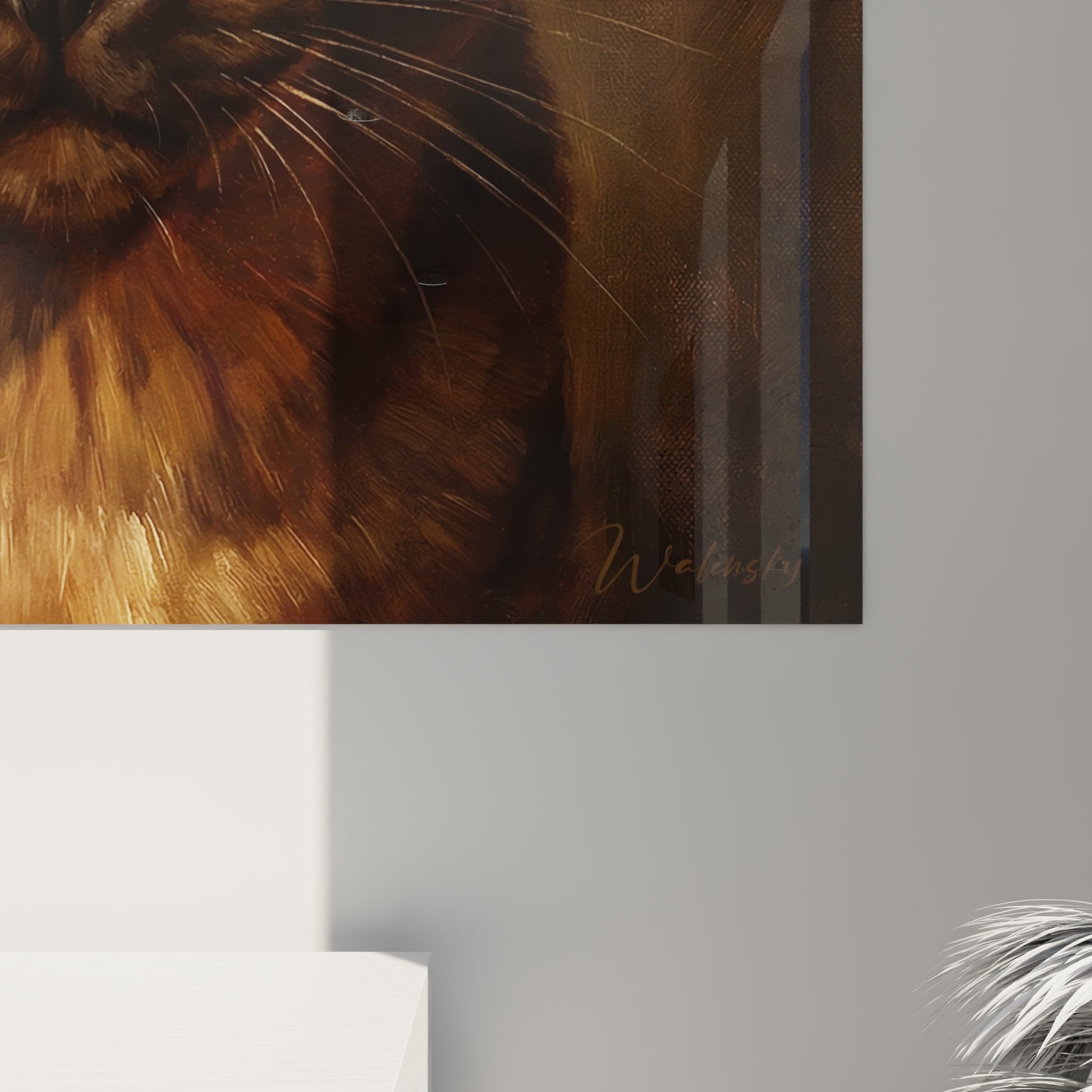 Vue ensemble tableau mural chat Burmese, décoration intérieure, art félin contemporain tons chauds