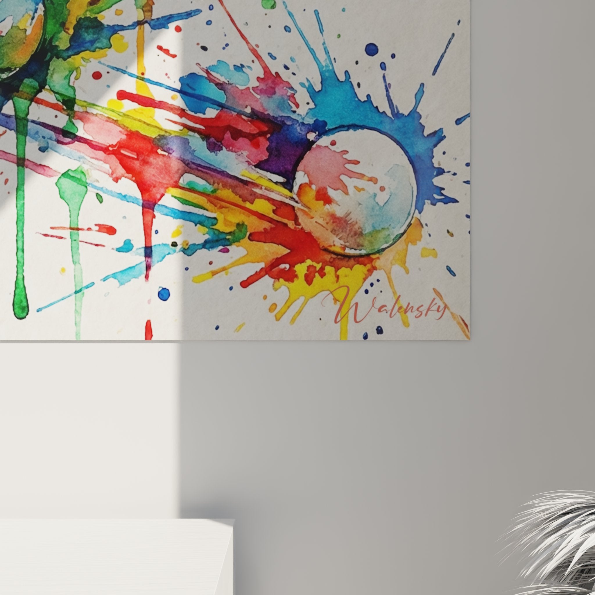 Vue ensemble tableau ping pong abstrait couleurs vives decoration interieur moderne art mural sport