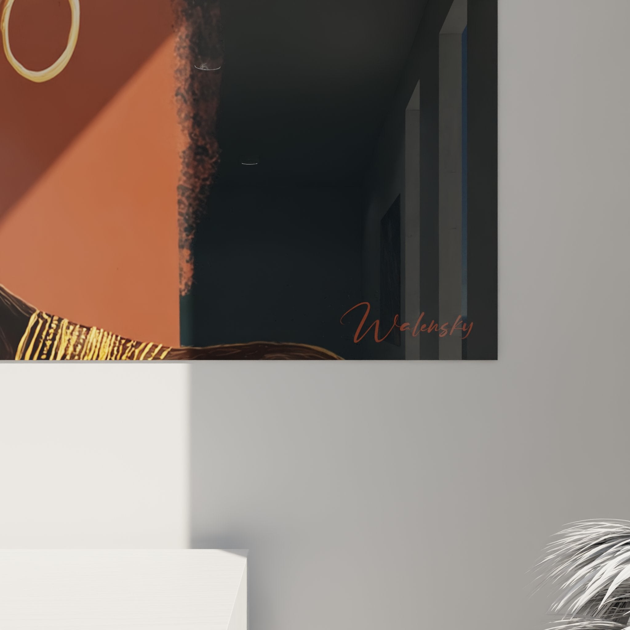 Vista generale del quadro arte africana donna con ornamenti dorati e collana a spirale tradizionale