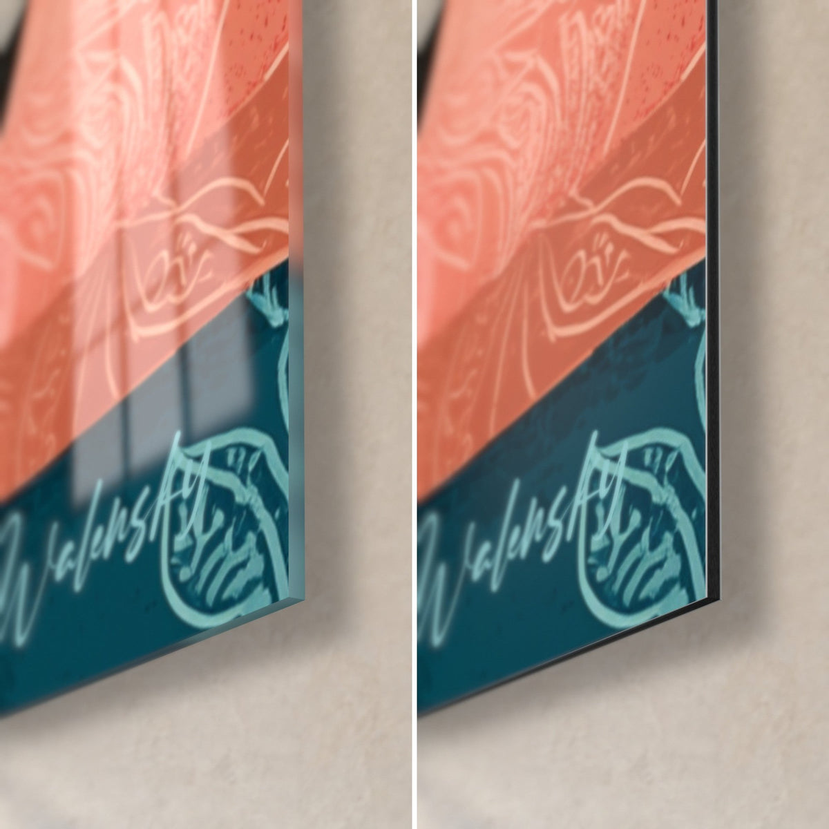 Wall art Siamese cat, bottom right corner: glossy glass with reflections on the left, matte Dibond on the right, 3 mm edge, coral and blue