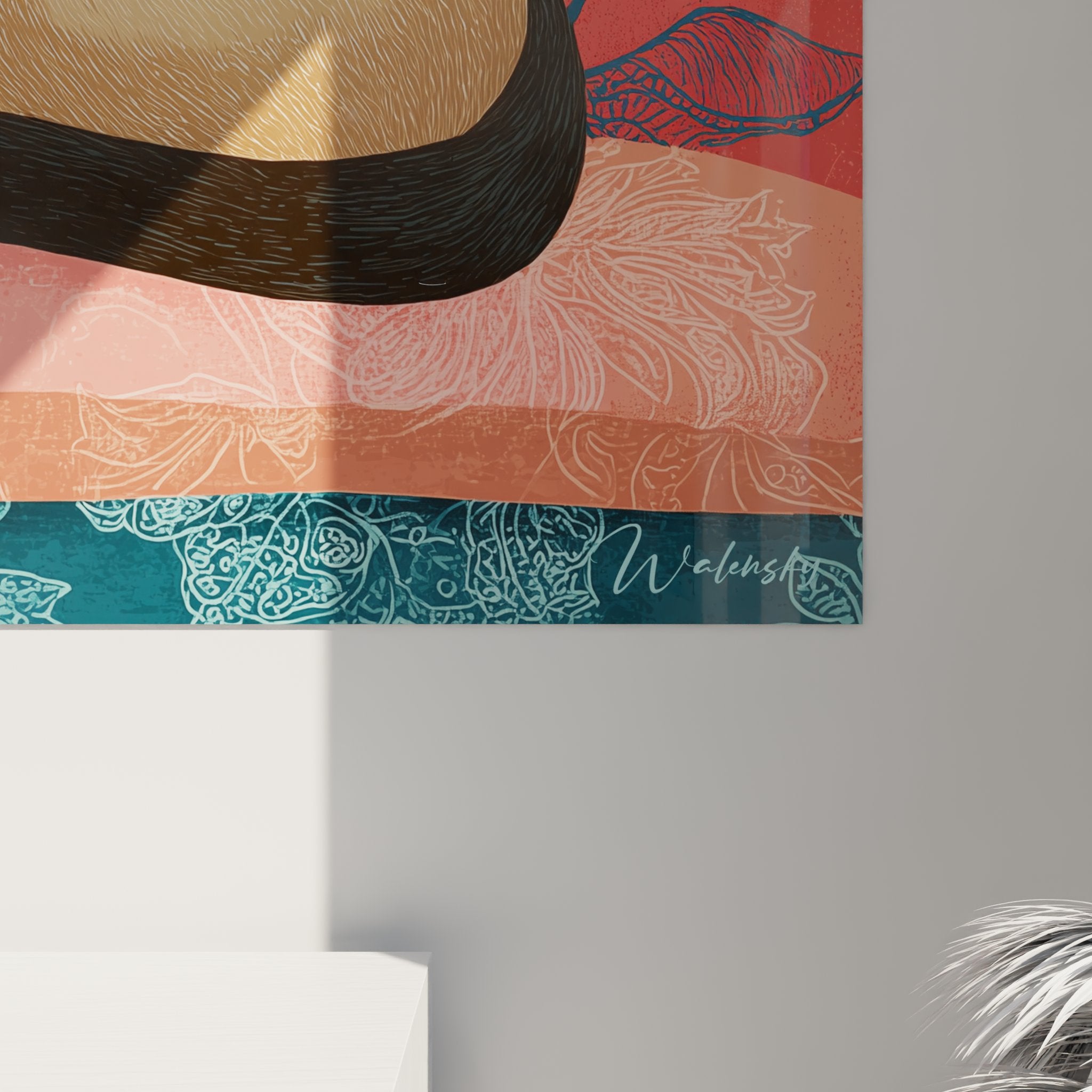 Vista complessiva del quadro gatto siamese nel soggiorno moderno, effetto decorativo sulla parete