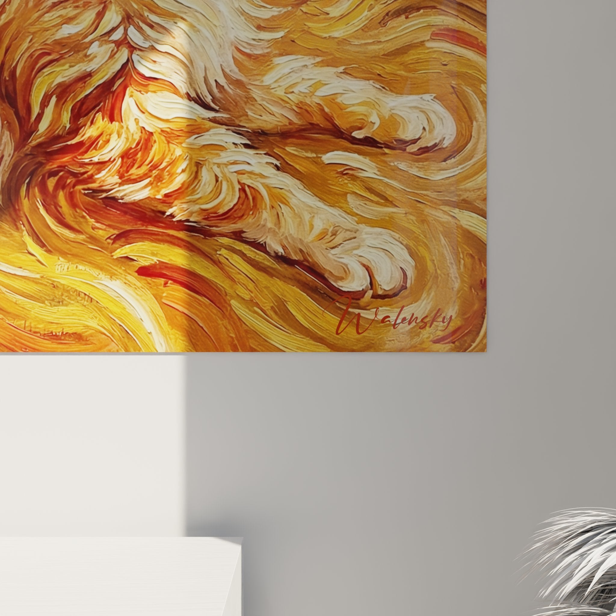 Vue ensemble tableau chat balinais tourbillon doré salon moderne décoration intérieure art mural félin