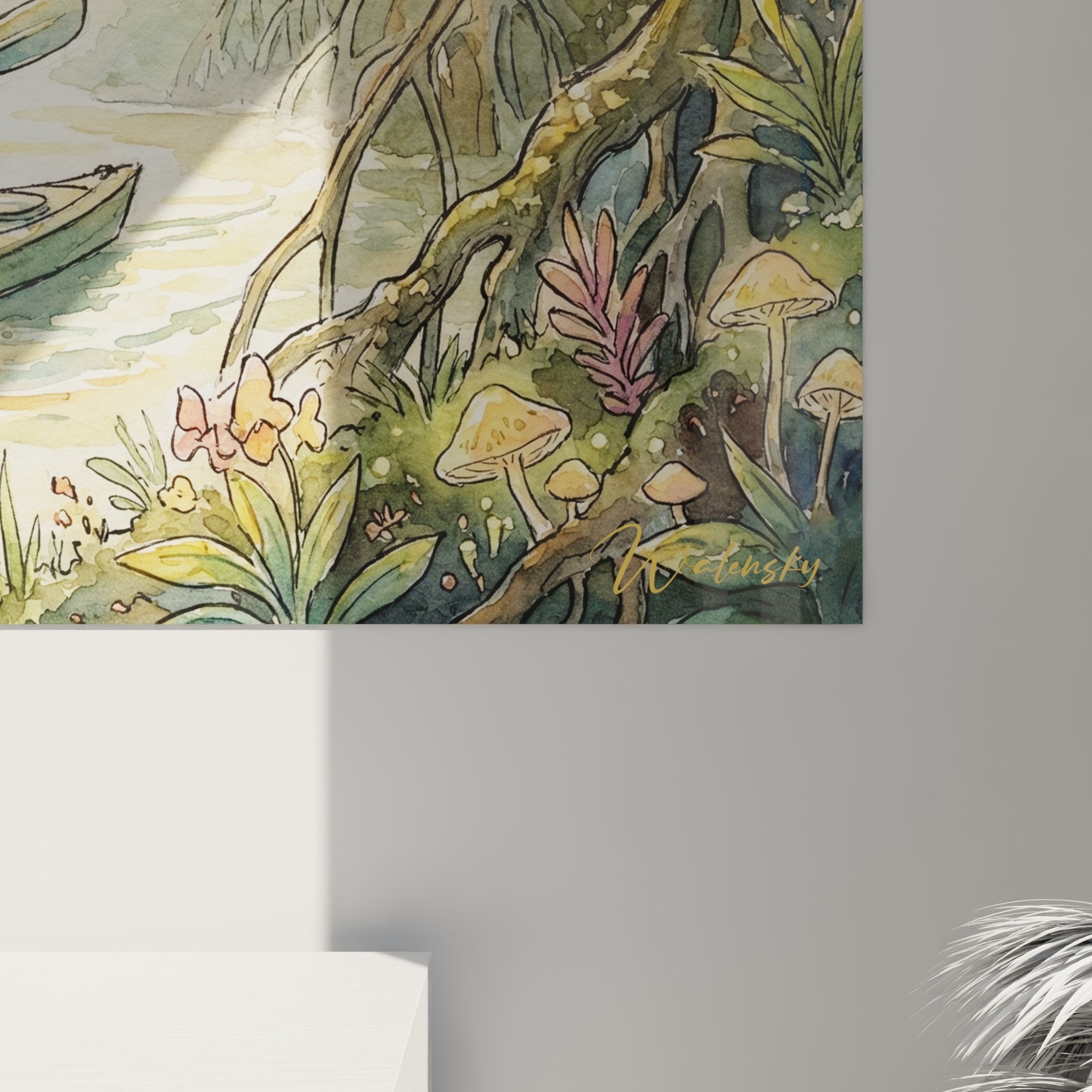 Vue d'ensemble tableau kayak forêt enchantée avec cadre, parfait pour décoration murale nature