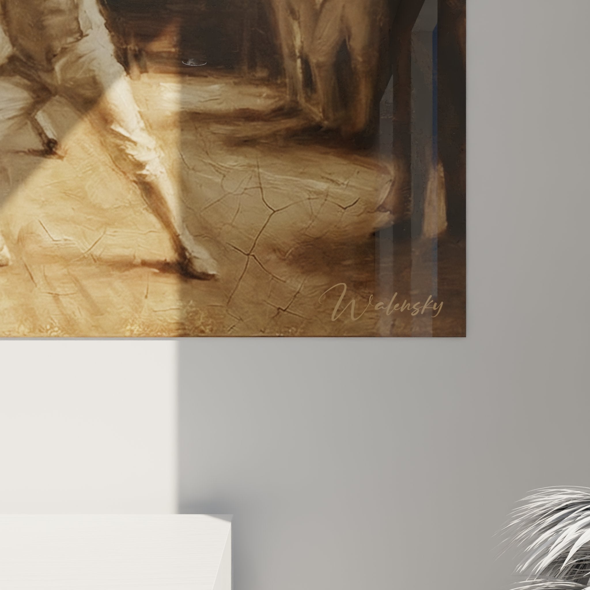 Overview of fencing wall art in living room, aristocratic duel scene with spectators
