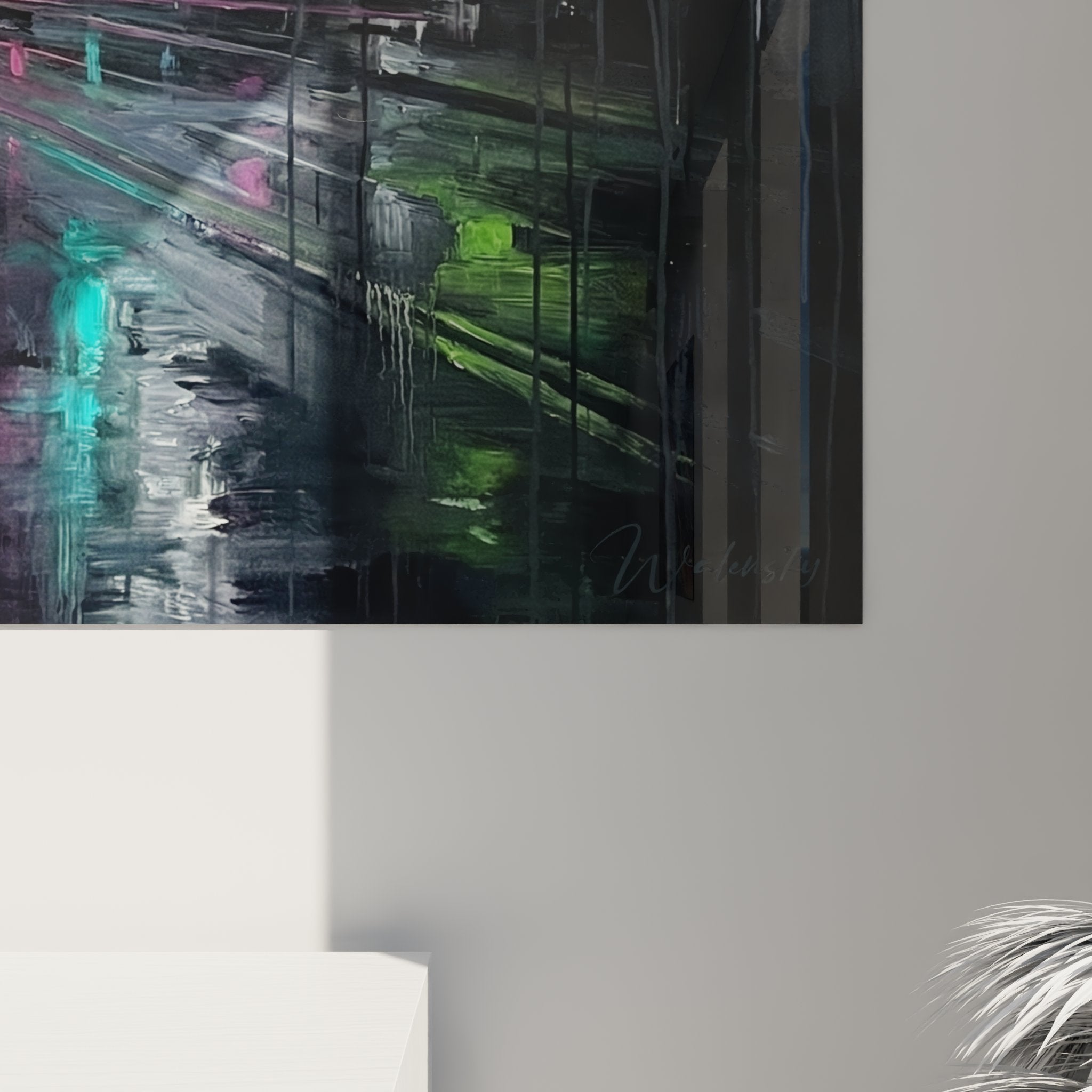 Vue d'ensemble tableau coureur urbain pluie néons colorés art mural déco sport running moderne