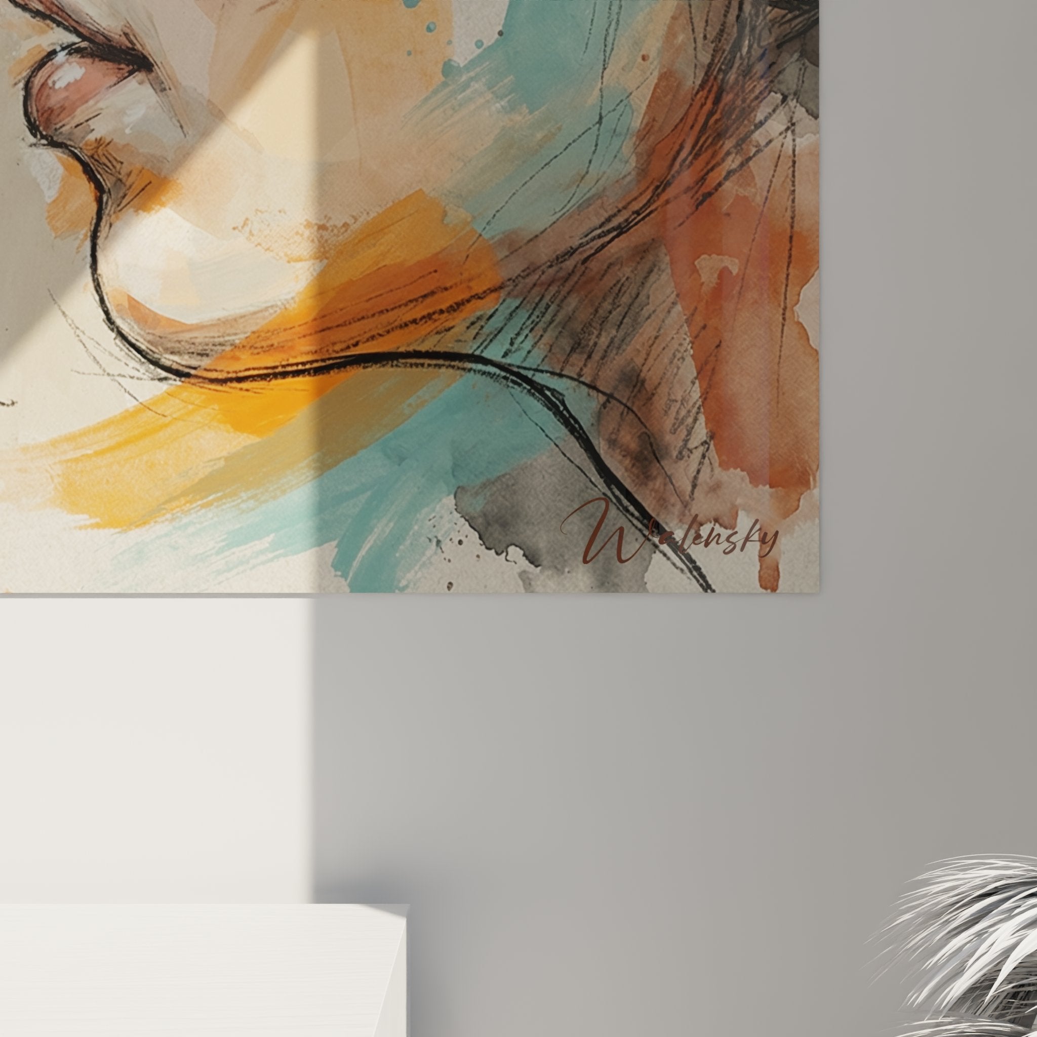 Vista panoramica del quadro gatto Peterbald dialogo in un interno contemporaneo, arte murale decorativa moderna