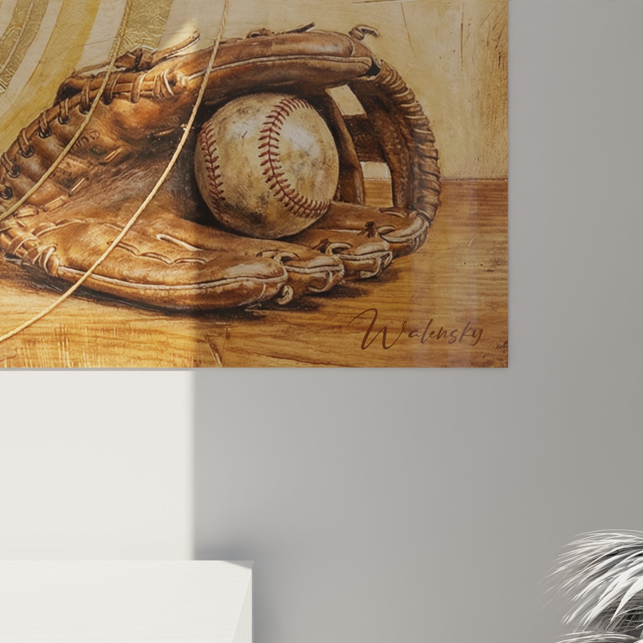 Vue ensemble tableau baseball radio retro art mural decoration sport americain nostalgie tons dores