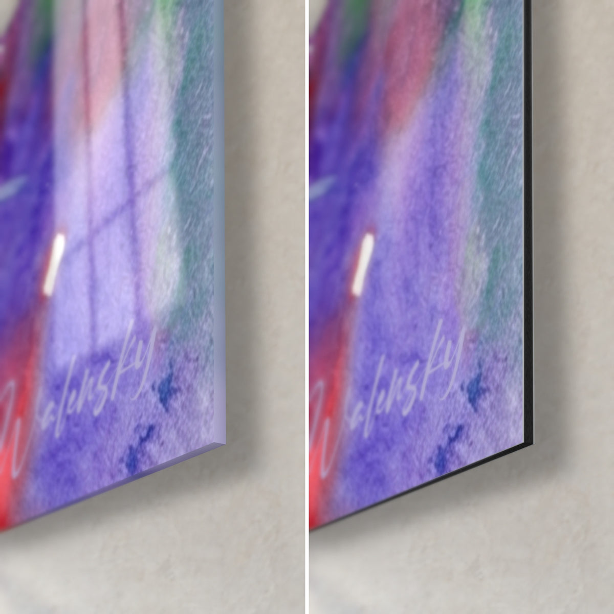 Tableau regard émeraude de chat, coin bas droit : verre acrylique brillant à gauche, alu Dibond mat à droite, tranche 3 mm