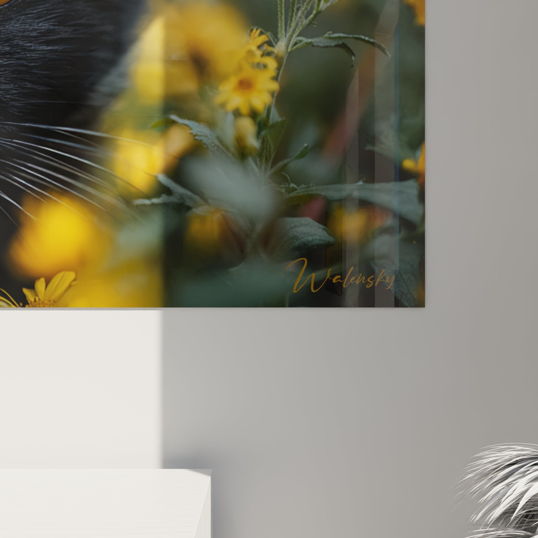 Panoramica del quadro gatto Bombay giardino fiorito in un salotto contemporaneo