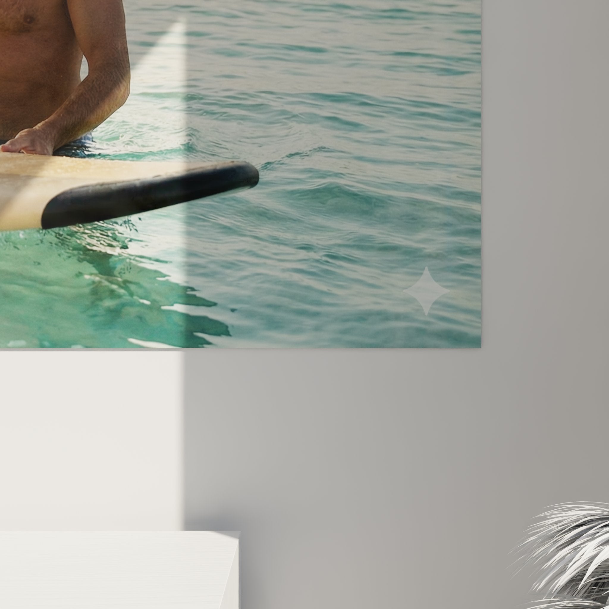 Vue d'ensemble tableau mural surf scène familiale océan tropical palmiers coucher soleil décoration