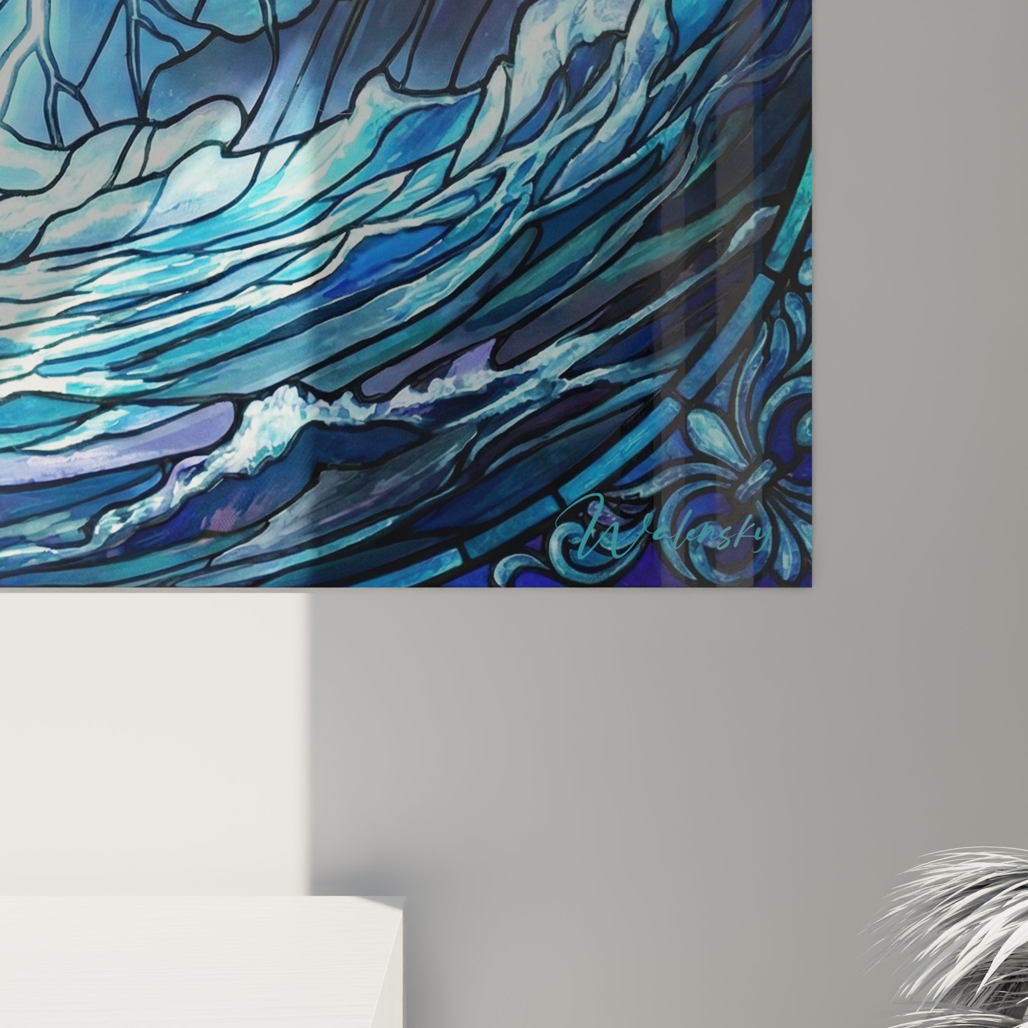 Vue d'ensemble œuvre marine décorative tempête océanique tons bleus pour intérieur contemporain