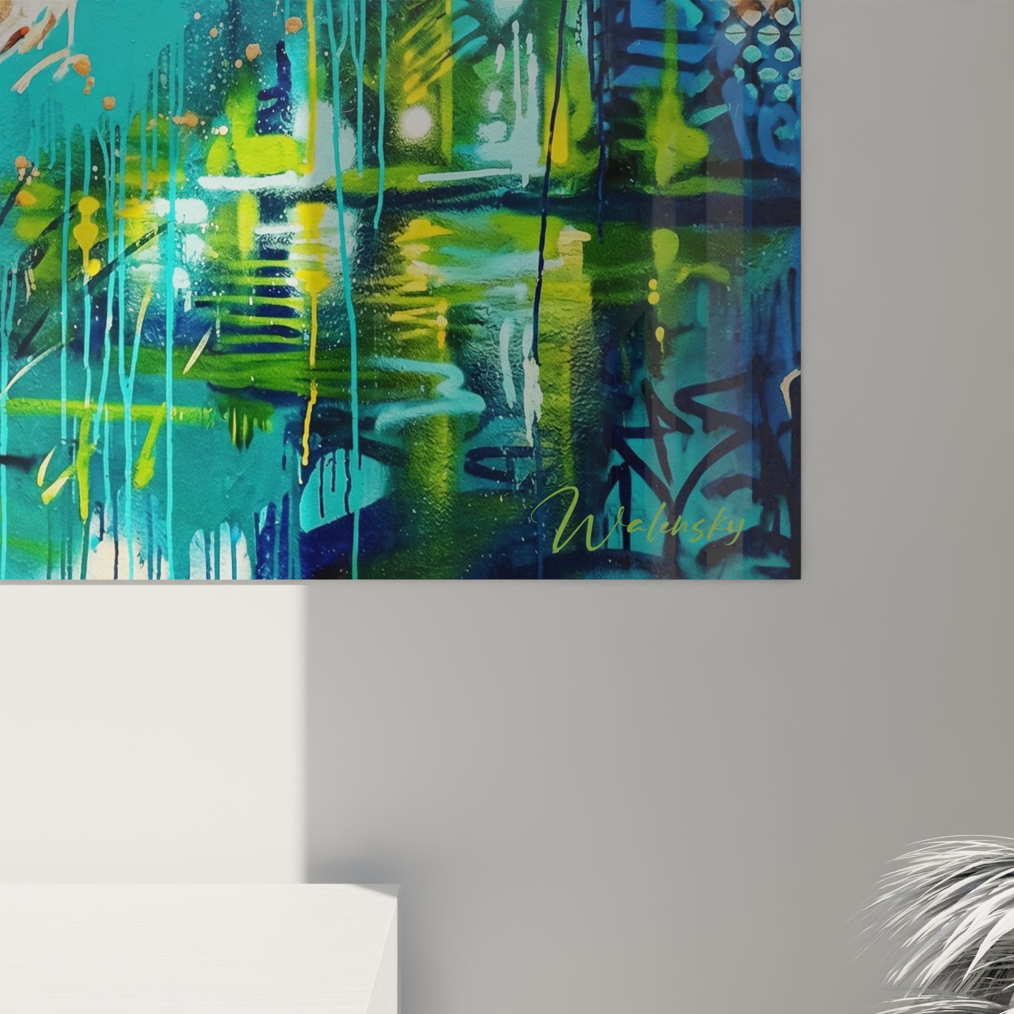 Vista generale del quadro murale gatto saltellante, art urbano colorato per decorazione d'interni design